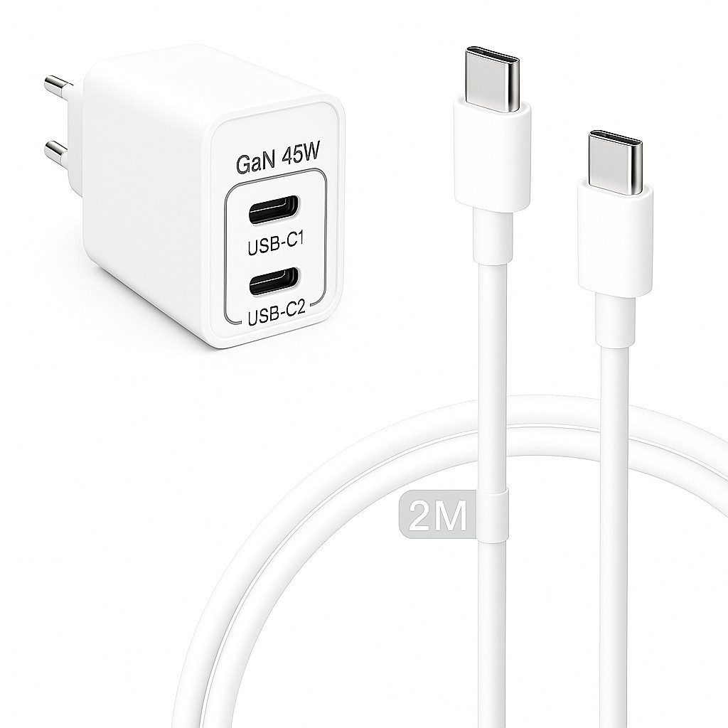 Alpha Electronics 45w Ladegerät USB C Charger Smartphone-Ladegerät (3000 mA, Spar-Set, 2-tlg., Universelle Kompatibilität, Handy Tablet + 60W USB-C Ladekabel 1m 2m, Samsung S25 S24 S23 iPhone 17 16 15, Huawei, Xiaomi, Schnellladegerät)