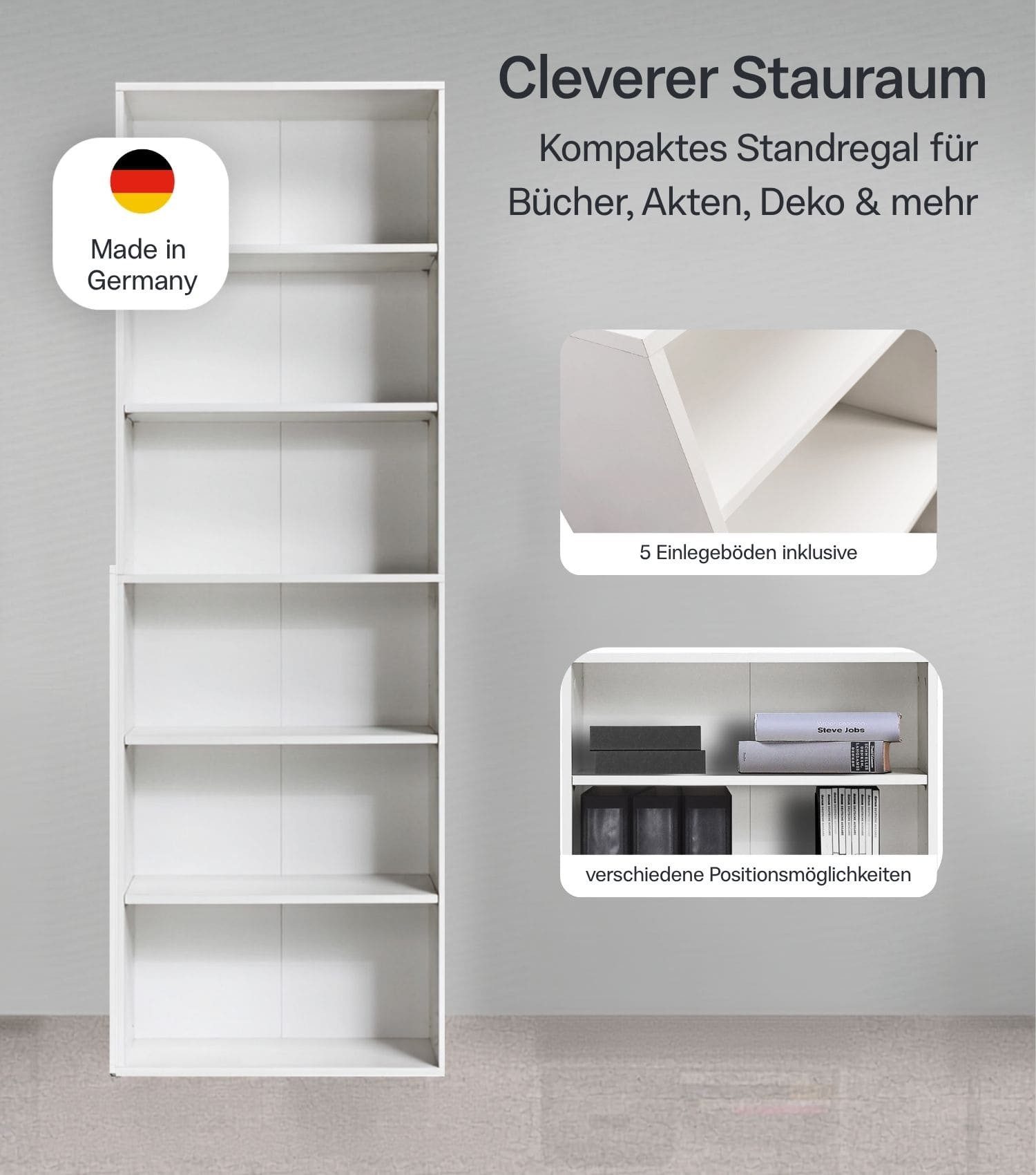 mokebo Bücherregal Der Bücherwurm Regal 60 cm breit Aktenregal Holz, 60x180x34,5 cm, Made in Germany, Holzregal, Bücherregal oder Standregal in Weiß – Bild 2 von 5