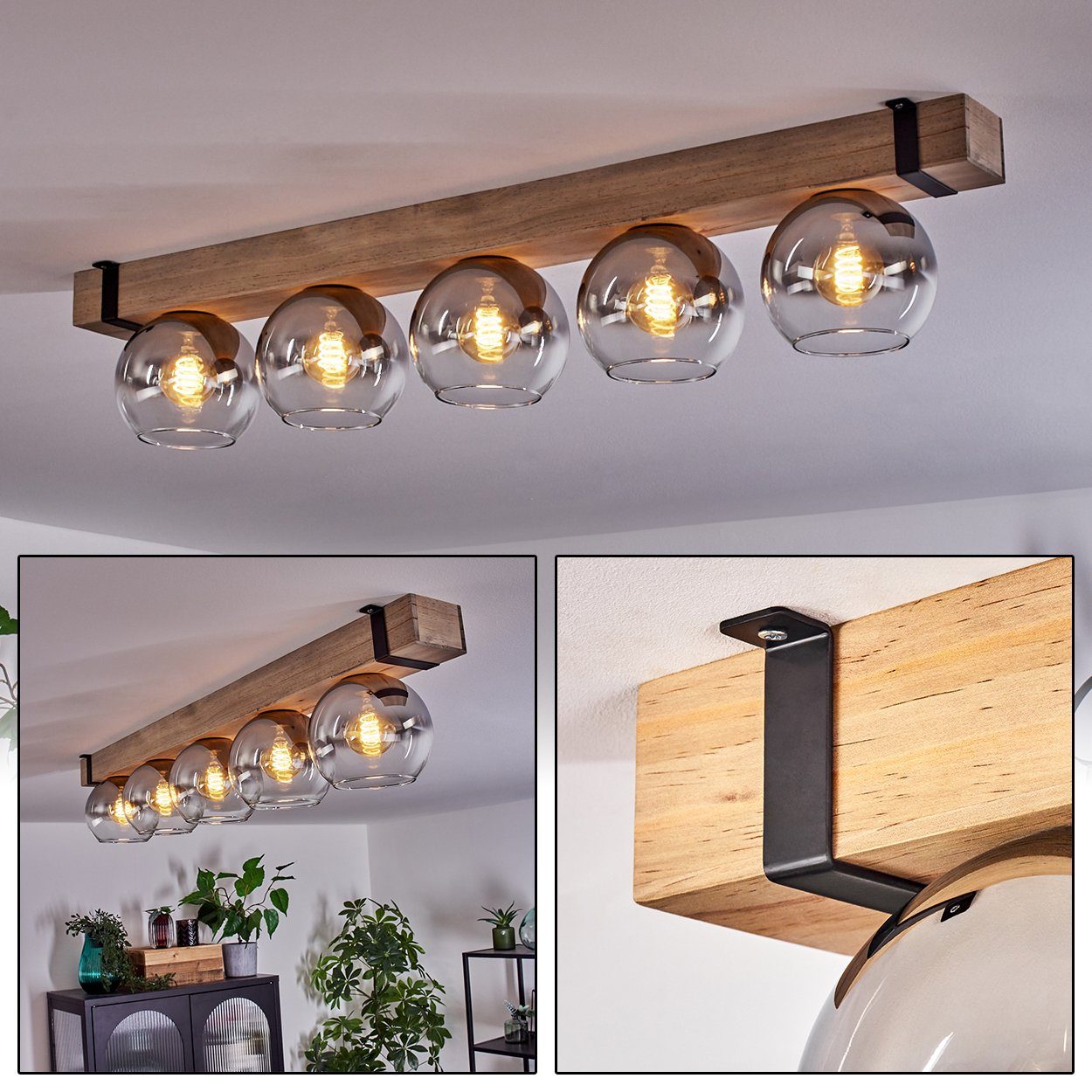 hofstein Deckenleuchte Deckenlampe aus Metall/Holz/Glas in günstig online kaufen