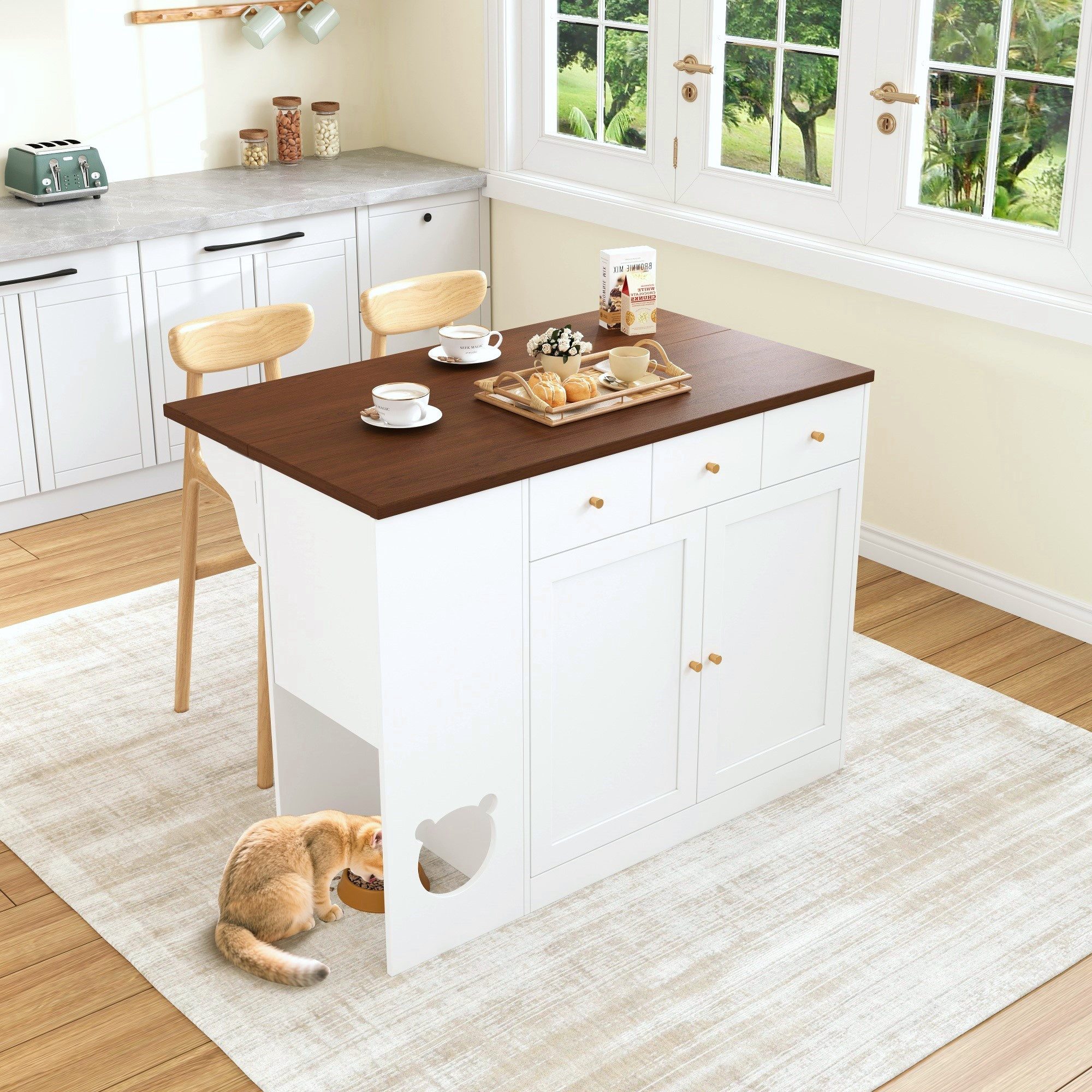 Flieks Kücheninsel mit erweiterbarer Arbeitsplatte, Schubladen und Türablagen, (120×(40+30)×90 cm, klappbare Tischplatte in Nussbaumfarbe), Küchenschrank mit verstellbarer Ablagen Küchenbuffet Weiß