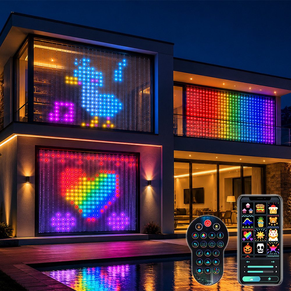 PRIISF LED-Lichtervorhang LED Vorhang RGB Smart Lichterkette Gardine Lichtervorhang Fadenvorhang, LED Vorhangschnur DIY Lichtmuster für Weihnachten Halloween Party Deko