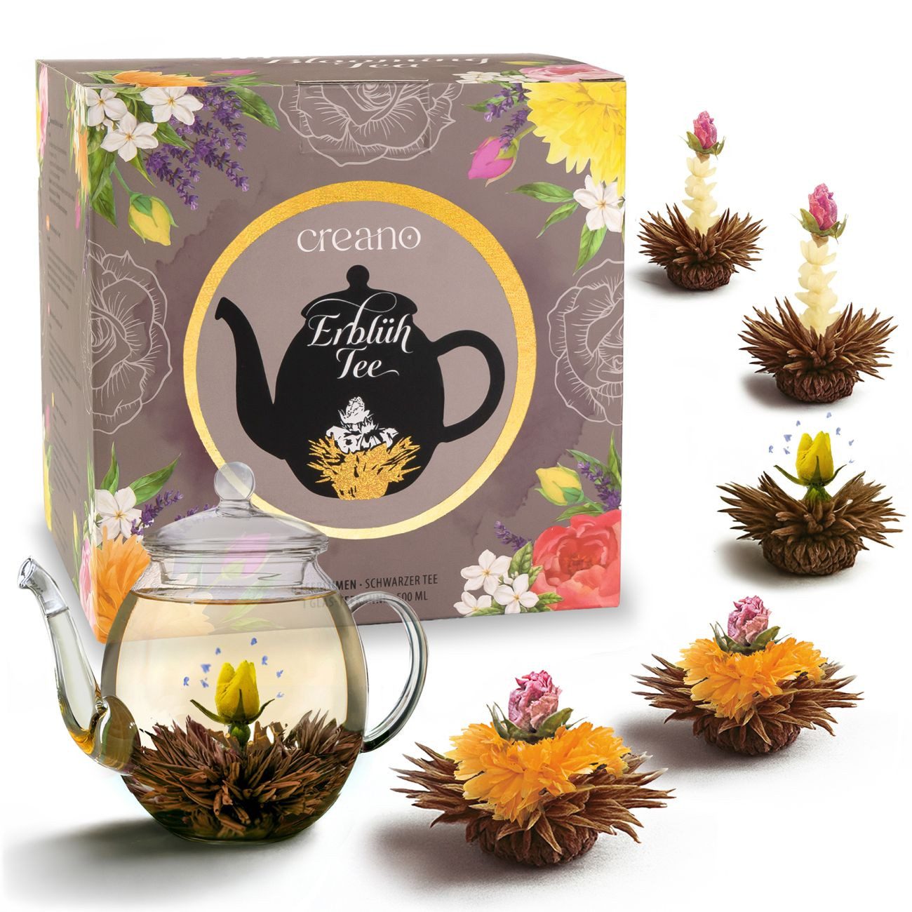 Creano Tee ErblühTee-Geschenkset mit Glaskanne, Schwarztee (6 Teerosen/3 Sorten), 1 x 6 St.