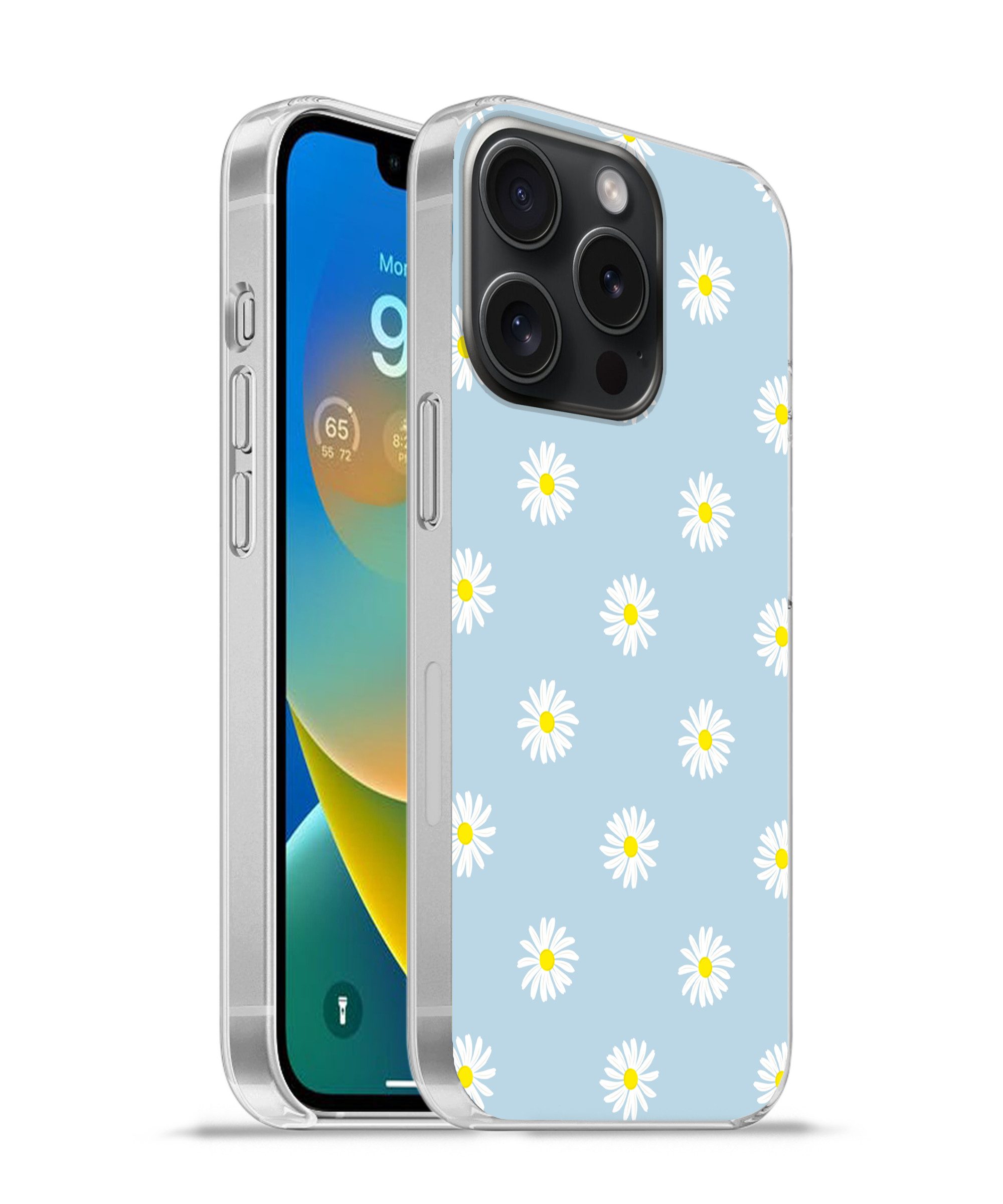 MuchoWow Handyhülle für Apple iPhone 15 Pro Gänseblümchen - Pastell - Weiß - Blau - Blumen, Smartphone-Bumper, Print, Handy Schutzhülle Dünn