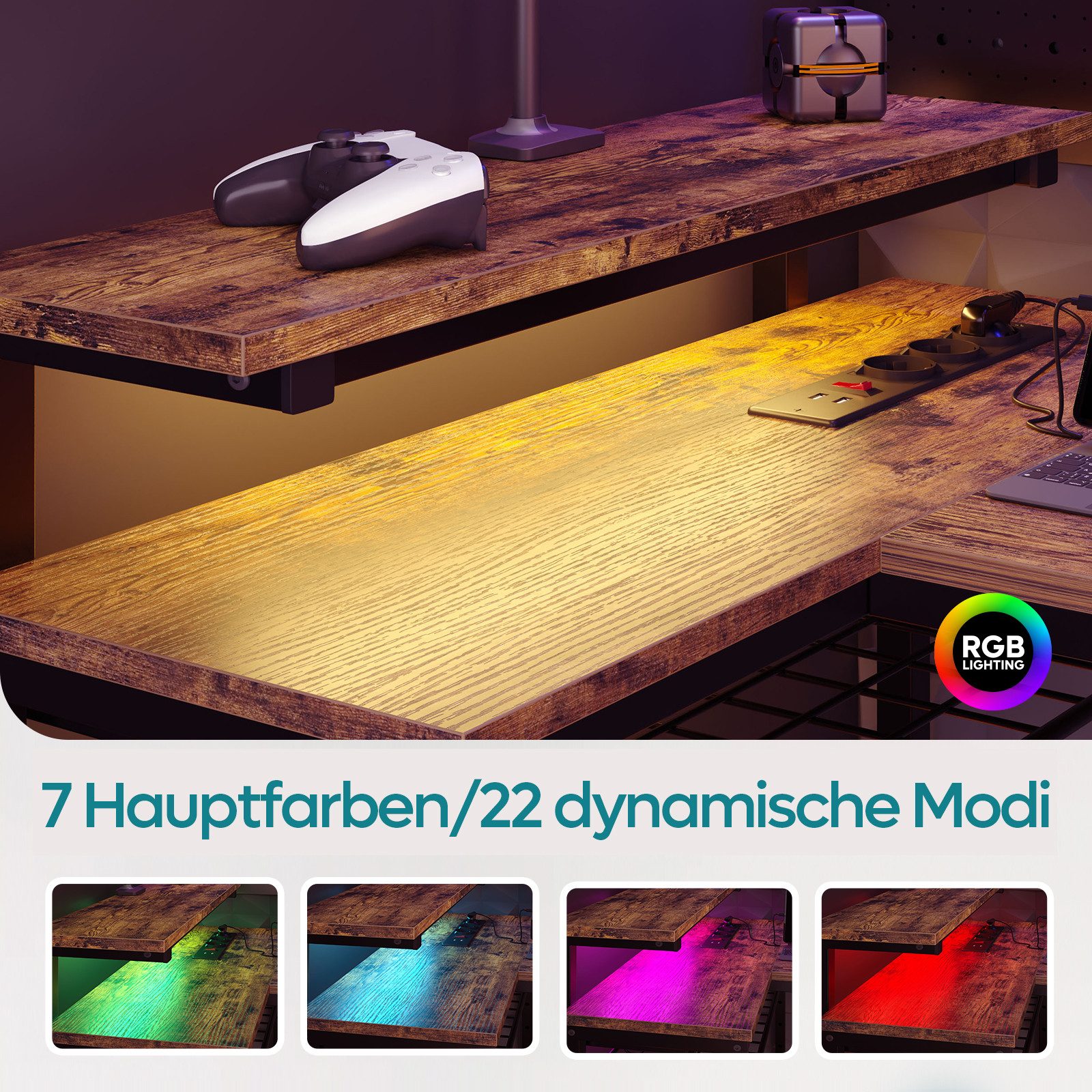 Bestier Gamingtisch Gaming-Schreibtisch L-Form mit LED, 106/133/147 × 50 cm Computertisch (1 Tisch), L-Form Tisch für Büro