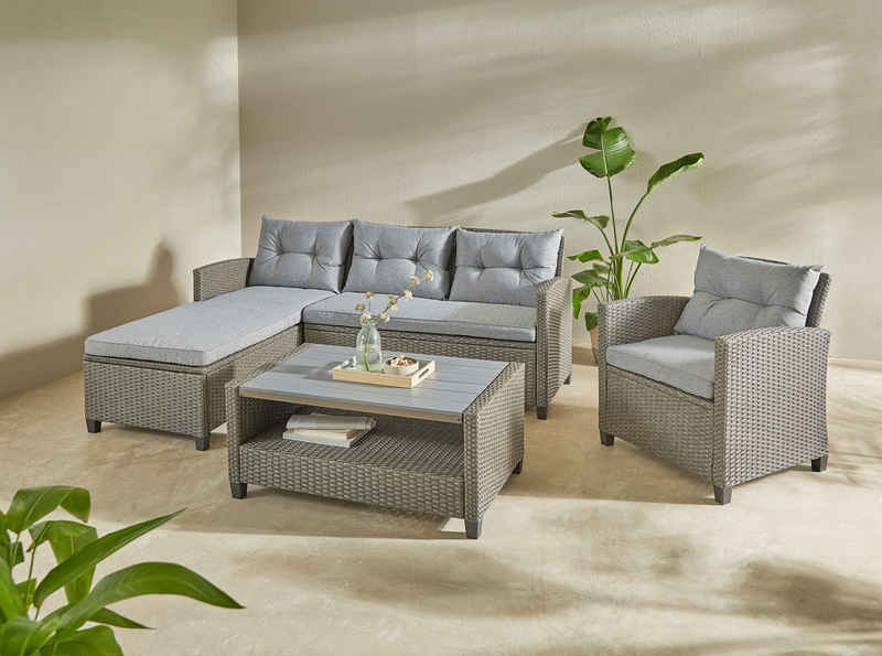 KONIFERA Gartenlounge-Set Cordoba, (Set, 11-tlg., 2x Bank, 1x Кресла, 1x Tisch 90x55x43cm, inkl. Auflagen), Polyratten, Stahl, Tischplatte aus Nonwood, geeignet für 4 Personen