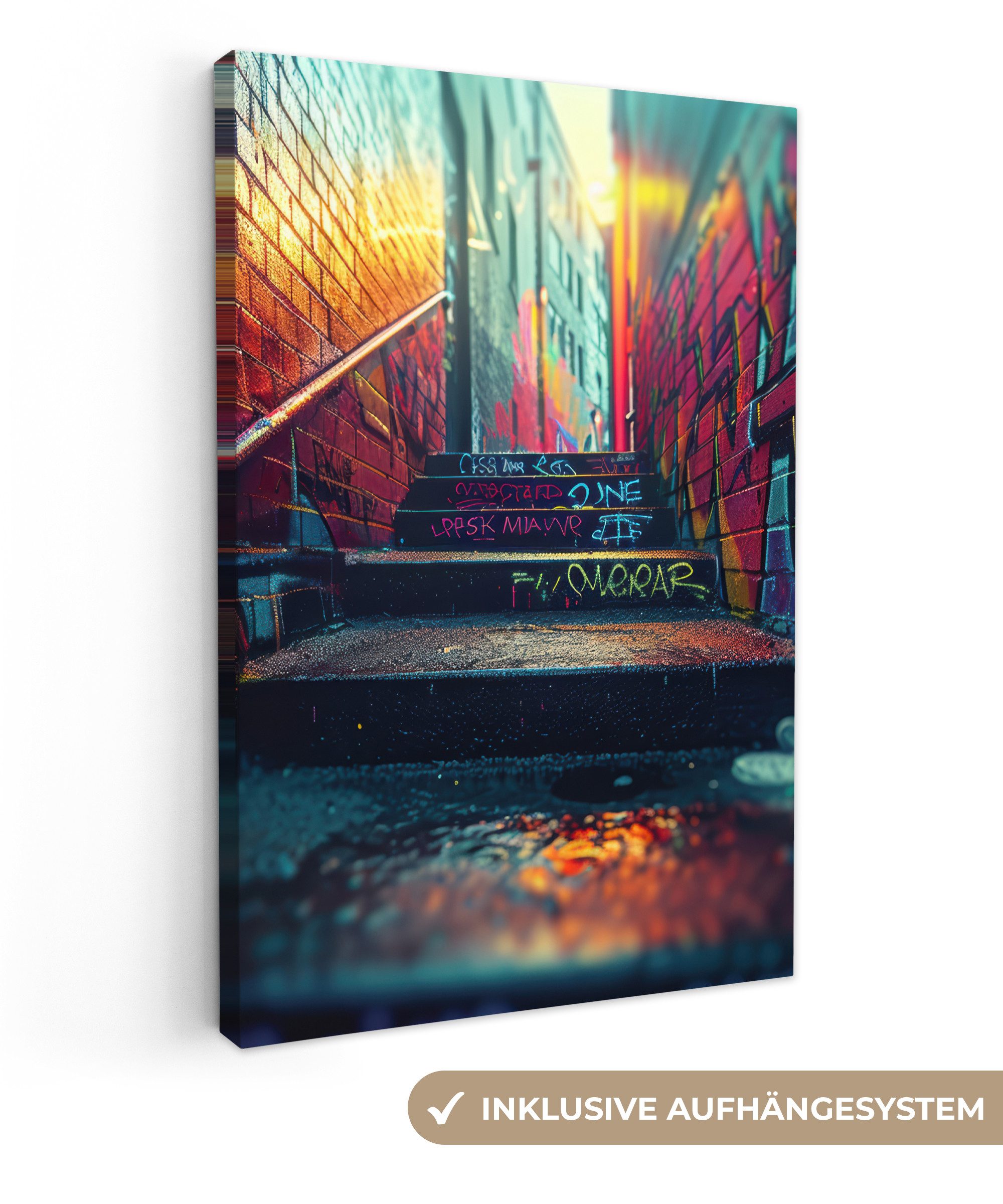 OneMillionCanvasses® Leinwandbild Architektur - Neon - Treppe - Graffiti, F günstig online kaufen