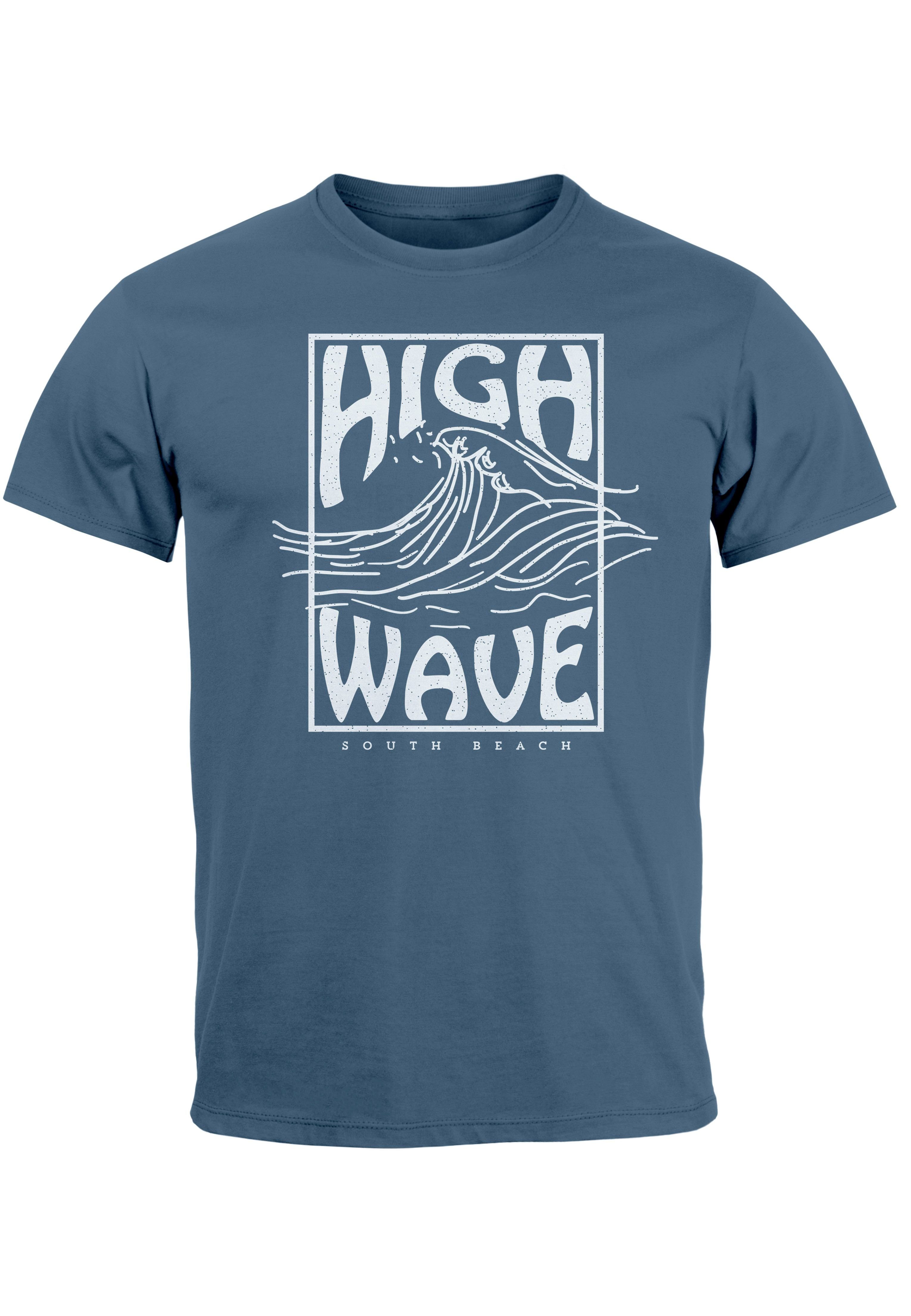 Neverless Print-Shirt Herren T-Shirt High Wave Welle Schrift Line Art Logo Surfing Aufdruck mit Print denim blue