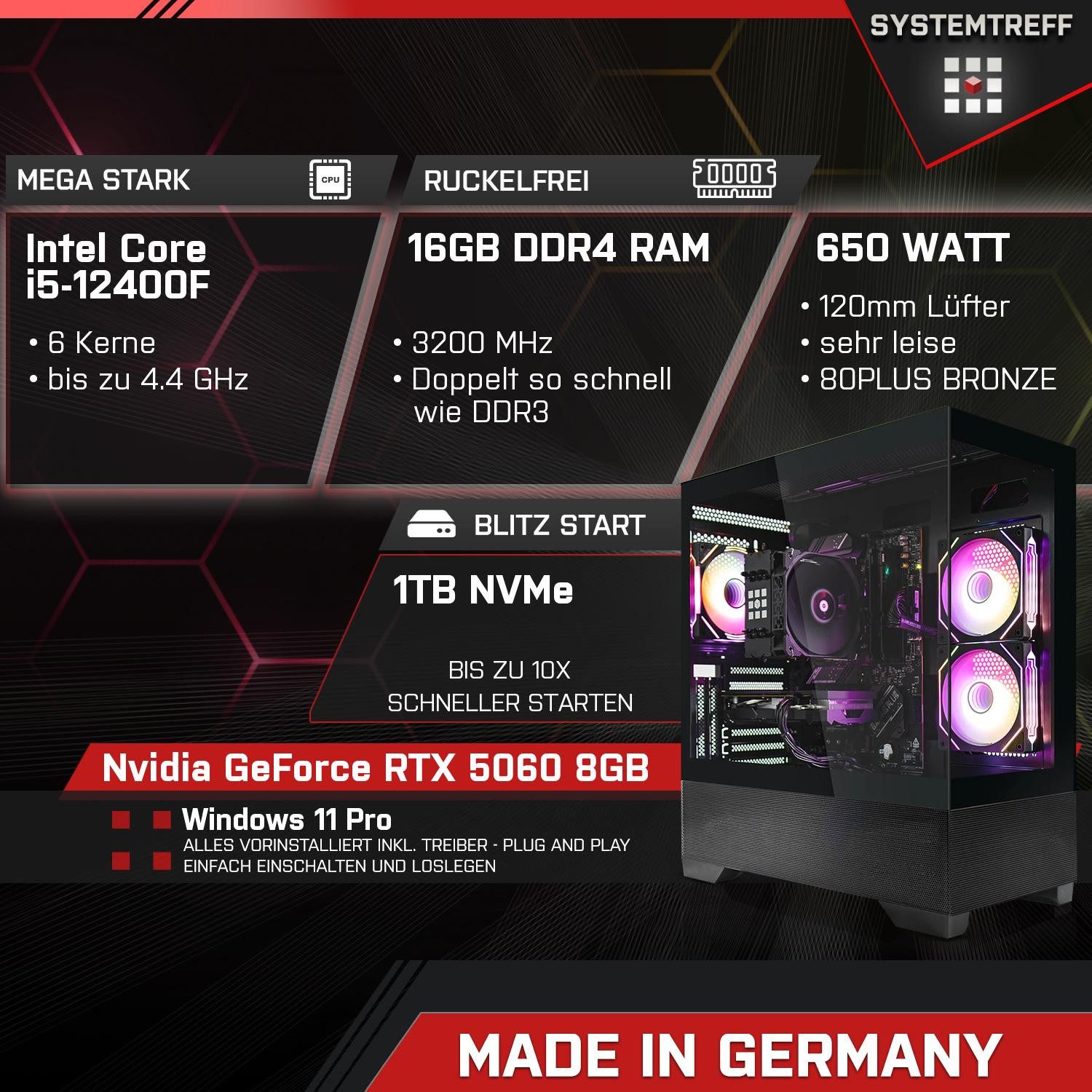 SYSTEMTREFF Intel Core i5-12400F mit Nvidia GeForce RTX 5060 8GB Gaming-PC (Intel 12400F 12400F, Nvidia GeForce RTX 5060, 16 GB RAM, 1000 GB SSD, Luftkühlung)