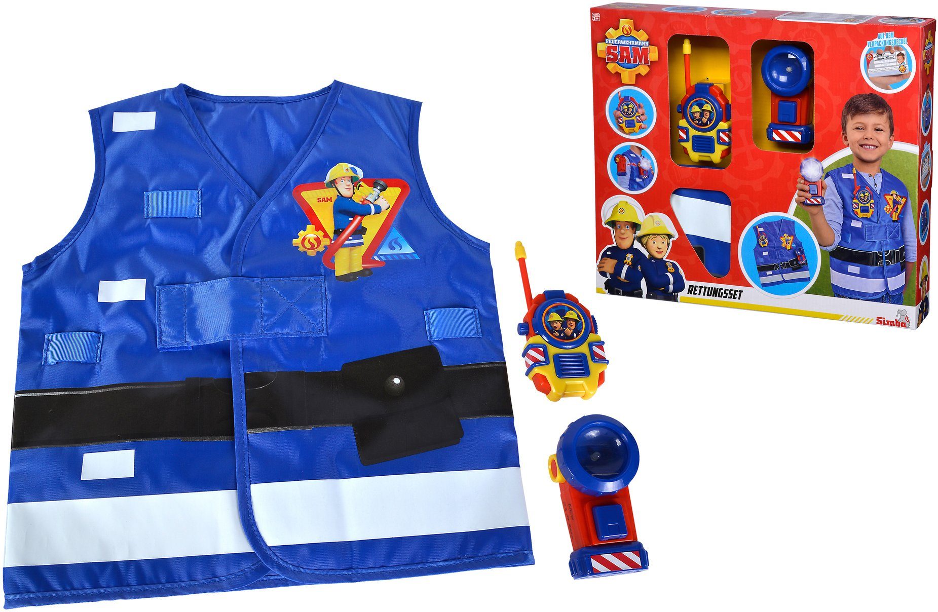 Feuerwehrmann Sam, Rettungsset, Feuerwehr 3-tlg), SIMBA mit Spielzeug-Schutzweste Walkie-Talkie und Taschenlampe (Set,
