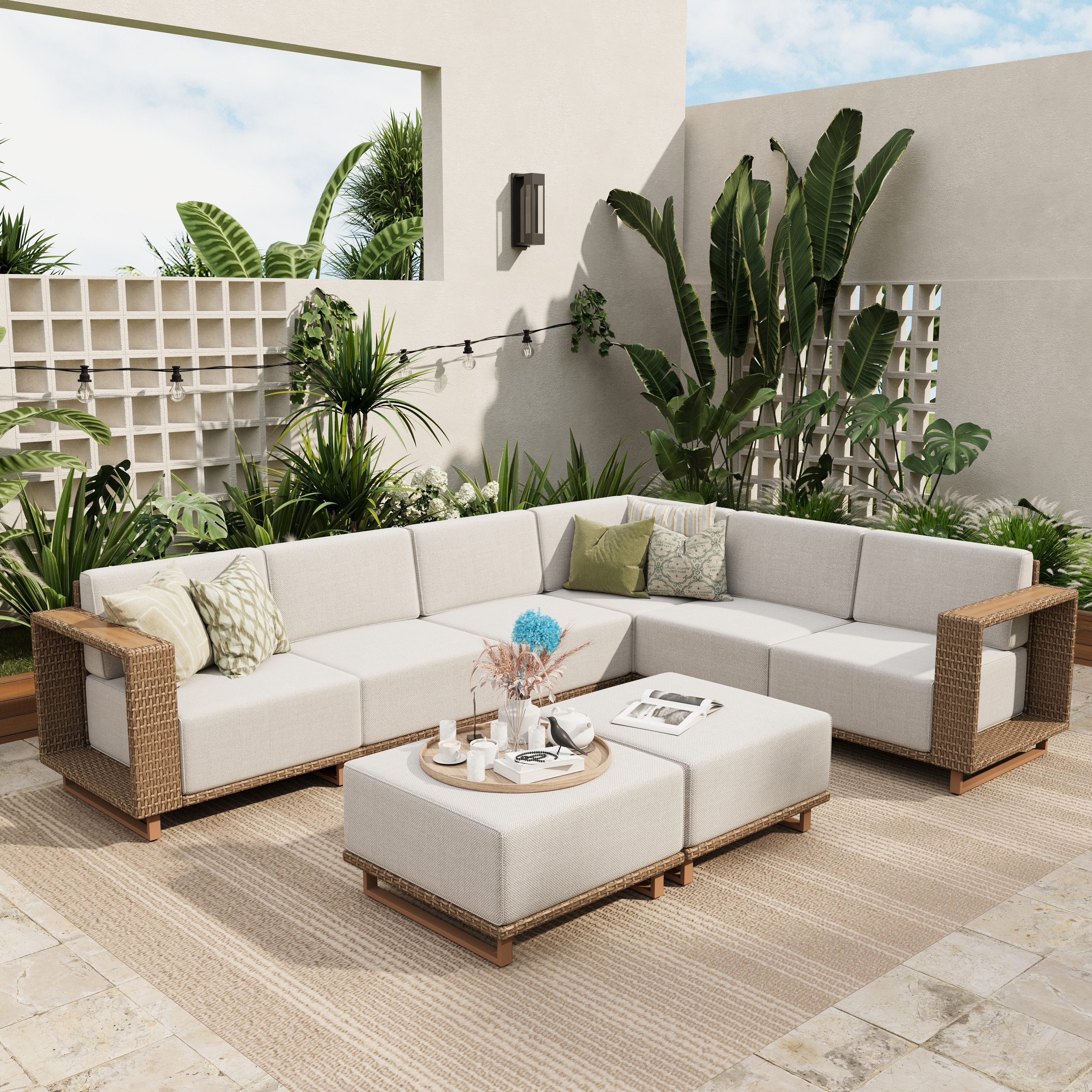 PHI VILLA Gartenlounge-Set, (Rattan Gartenmöbel Set Balkonmöbel, Allwetter Gartensofa Terassenmöbel Außen mit Dicken Weißen Kissen), Lounge Möbel Outdoor Sofa Sets für Garten und Terrasse