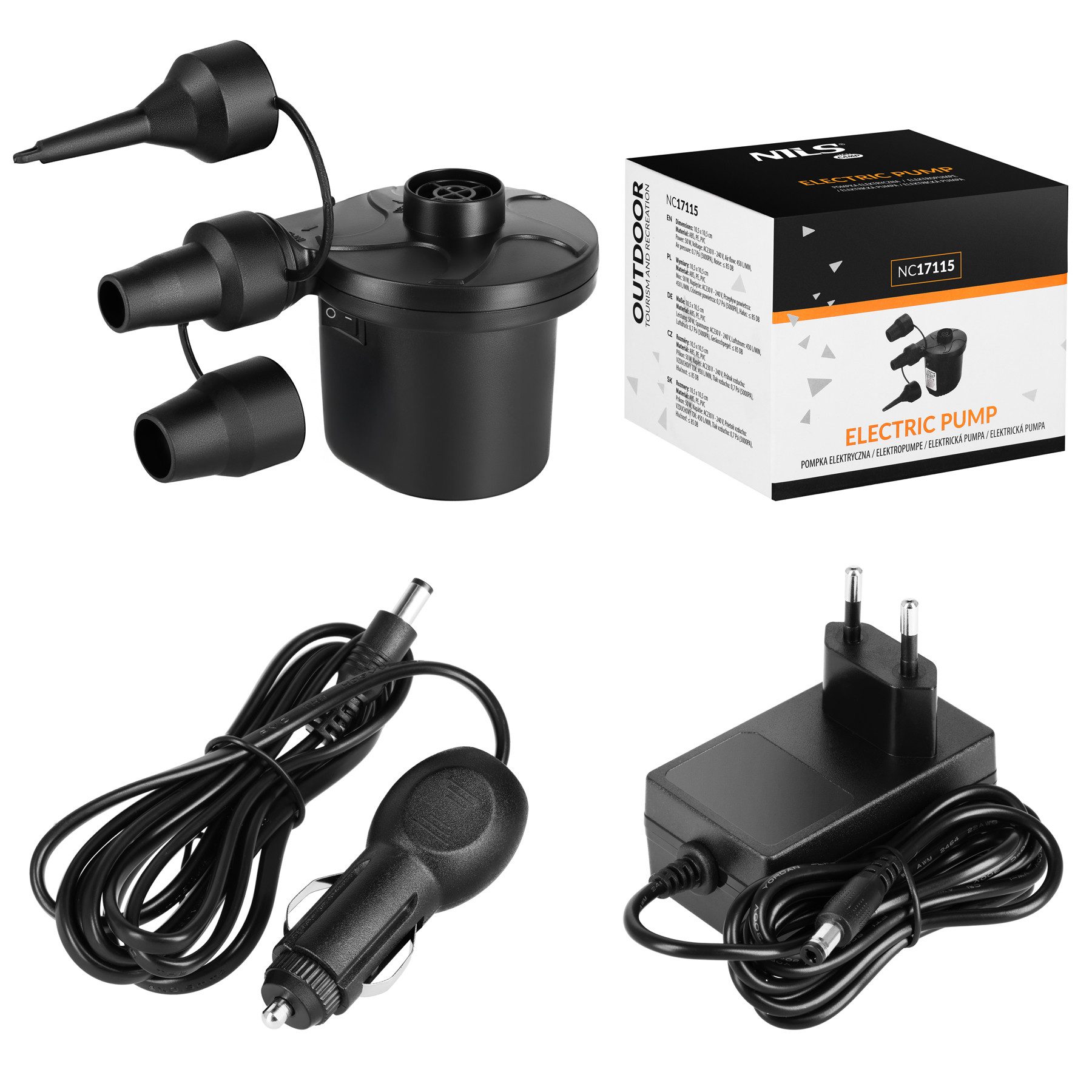 NILS CAMP Luftpumpe Elektrische Luftpumpe mit Autoanschluss für Unterwegs, mit 12V Adapter