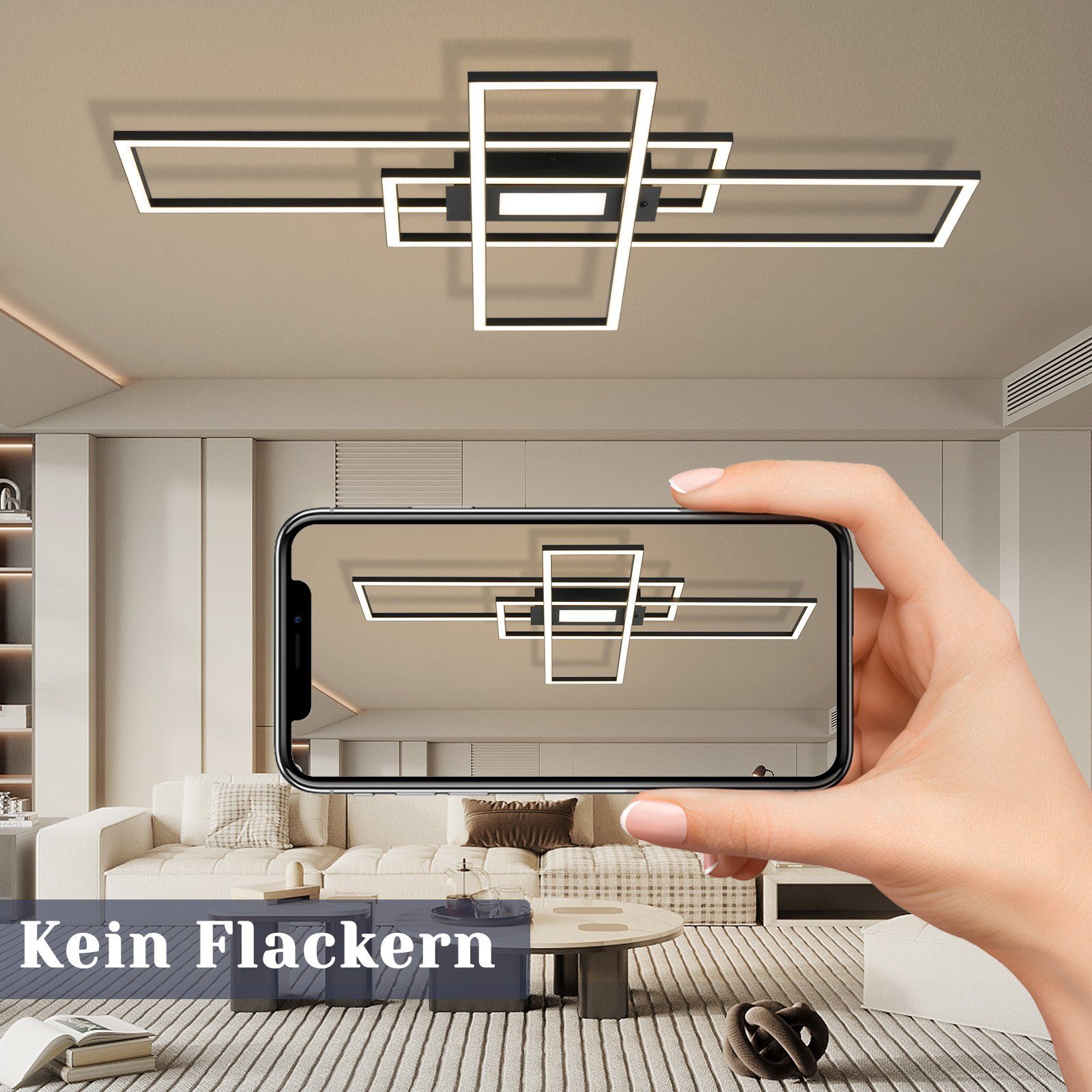 ZMH LED Deckenleuchte 50W LED Design, Modern integriert, Schwarz Schlafzimmerlampe fest Wohnzimmerlampe Deckenbeleuchtung Fernbedienung Schlafzimmer mit Wohnzimmer
