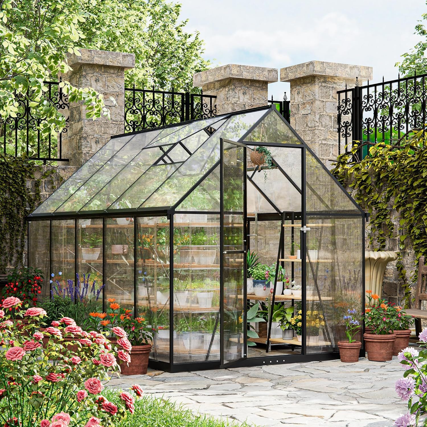 GOTLAND Gewächshaus Polycarbonat Gewächshaus mit abschließbarer Tür, Satteldach, mit Lüftungsfenster & Regenrinnen, Wetterfest für Terrasse & Garten