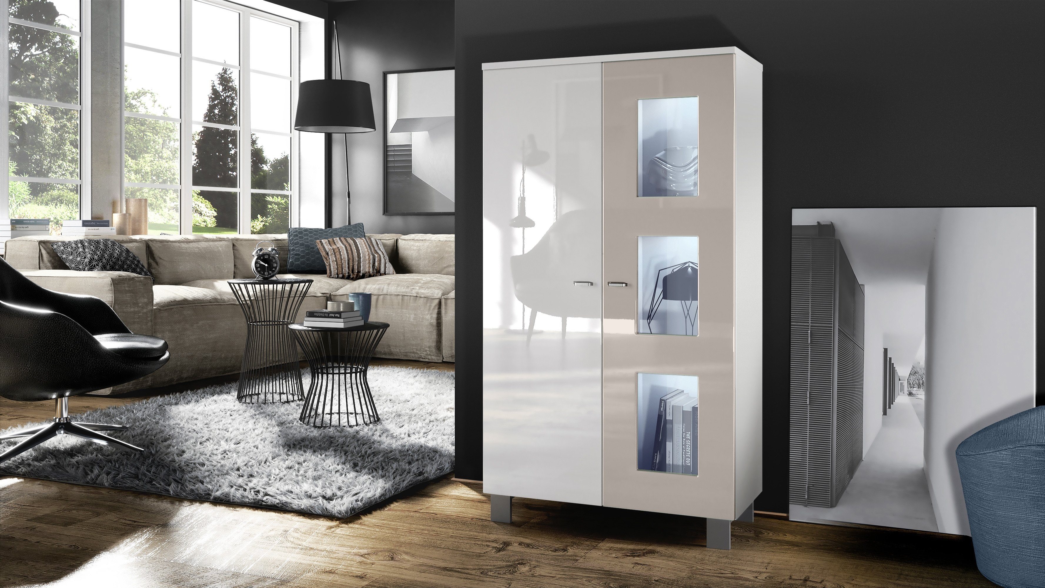 Vladon Standvitrine Denjo (Standvitrine, mit 2 Türen und 3 Glaseinsätzen) W günstig online kaufen