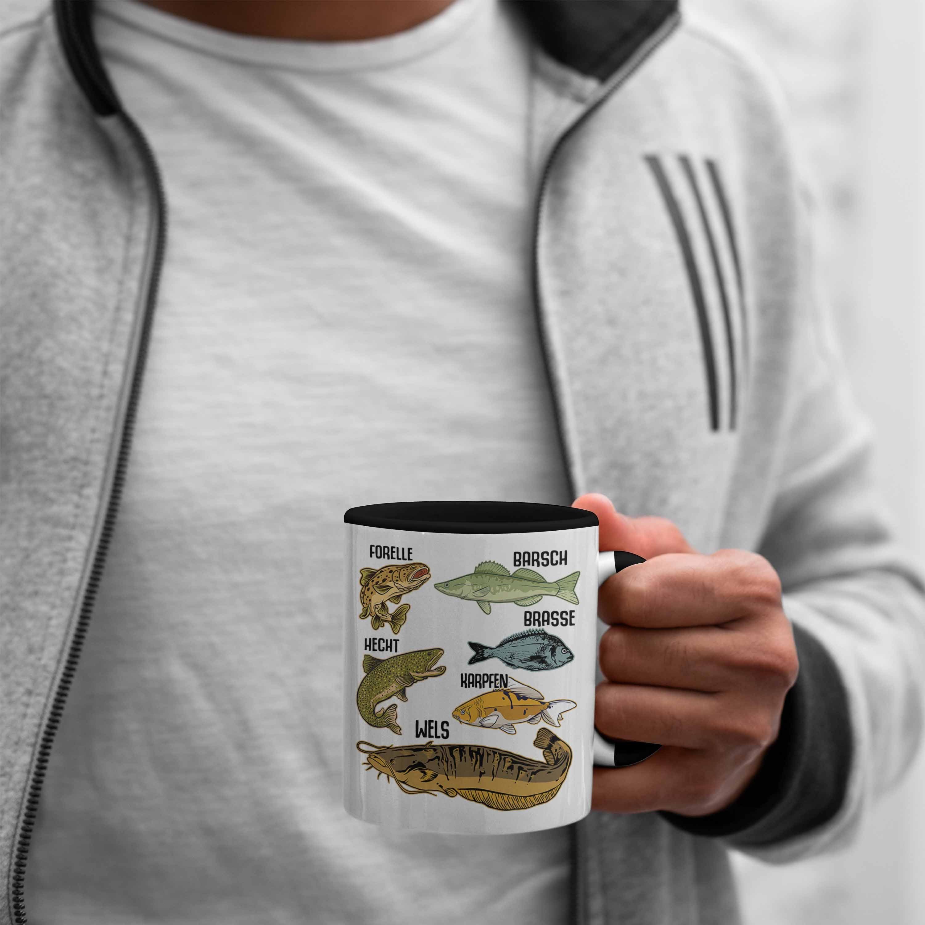 Angler Geschenk Kaffeetasse Schwarz Hobbyangler Raubfische Tasse Forelle Tasse Trendation Fischarten Barsch Trendation Angeln mit Hecht Fischer -