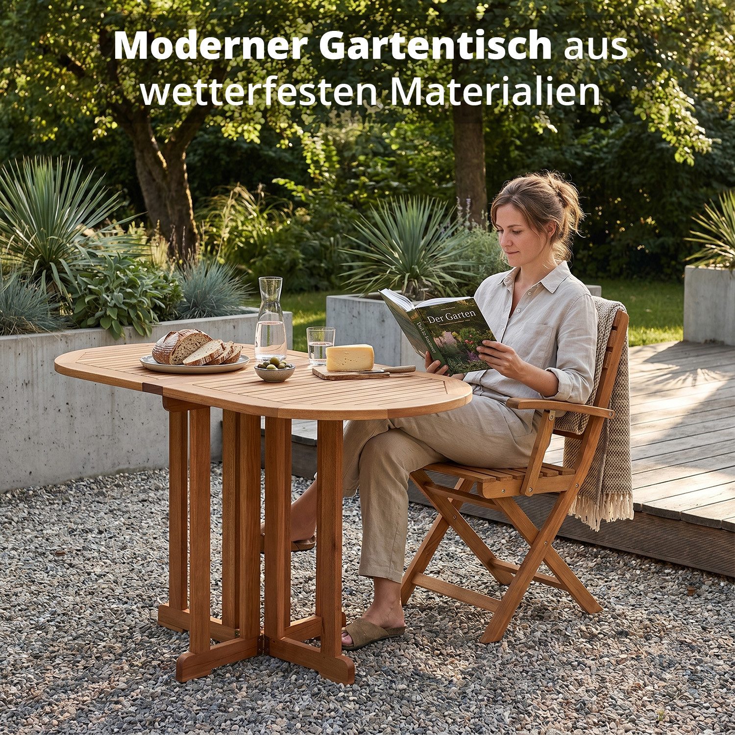 KHG Klapptisch Balkontisch 60x120 cm, halbseitig klappbar, bis 75 kg belastbar (Outdoor-Tisch Oval), aus Eukalyptus-Holz, zum Schutz geölt, FSC-Zertifiziert