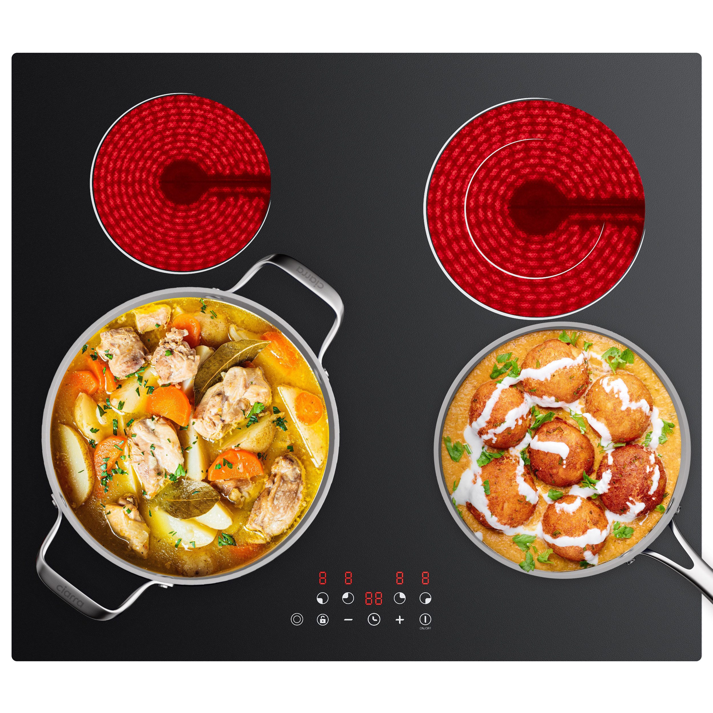 CDV Elektro-Kochfeld 59 cm 2 Doppel-Ring Cerankochfeld 4 Zonen CDVER66BB, Einbau Ceran-Kochfeld 9 Stufen, Touch Control mit Timer 6600 W