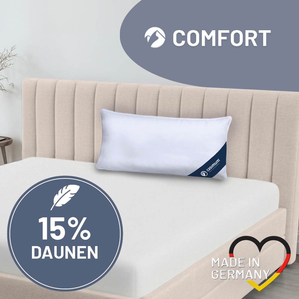 casimum Daunenkissen COMFORT Daunenkissen 80x80, Kissen 40x80, hergestellt in Deutschland, Füllung: 85 % Federn / 15 % Daunen, Klasse 1, Downpass zertifiziert, Bezug: 100 % Baumwolle, Rückenschläfer, Seitenschläfer, hergestellt in Deutschland, für Allergiker geeignet, 80x80cm & 40x80cm