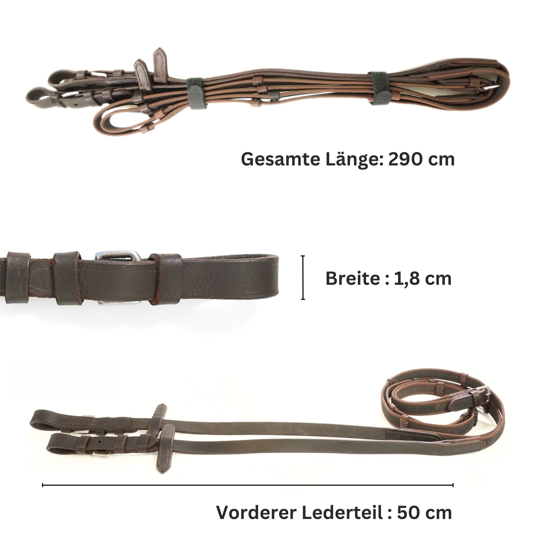 Pferdelinis Zügel Trensen Zügel für Pferde, gummiert, Schwarz oder Braun, Länge 2,9m, Breite: 18mm, Länge: 2,90m