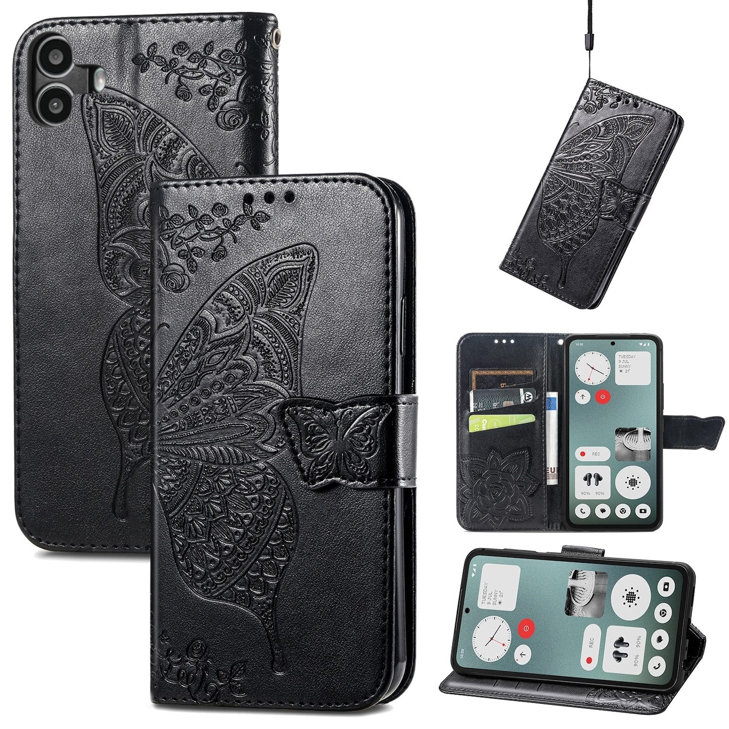 Wigento Smartphone-Hülle Für Nothing CMF Phone 1 Kunstleder Wallet Schmetterling Hülle Schwarz, Kunst-Leder Schutzhülle Smart Case Cover magnetischer Verschluss