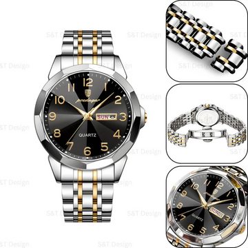 S&T Design Quarzuhr Herren Uhr Edelstahl Armbanduhr Herrenuhr, (Geschenkebox (Etui), inkl. Armbandkürzer & Etui), Männer Uhr Große Zahlen Ziffern 3Bar Wasserdicht Datum Analog