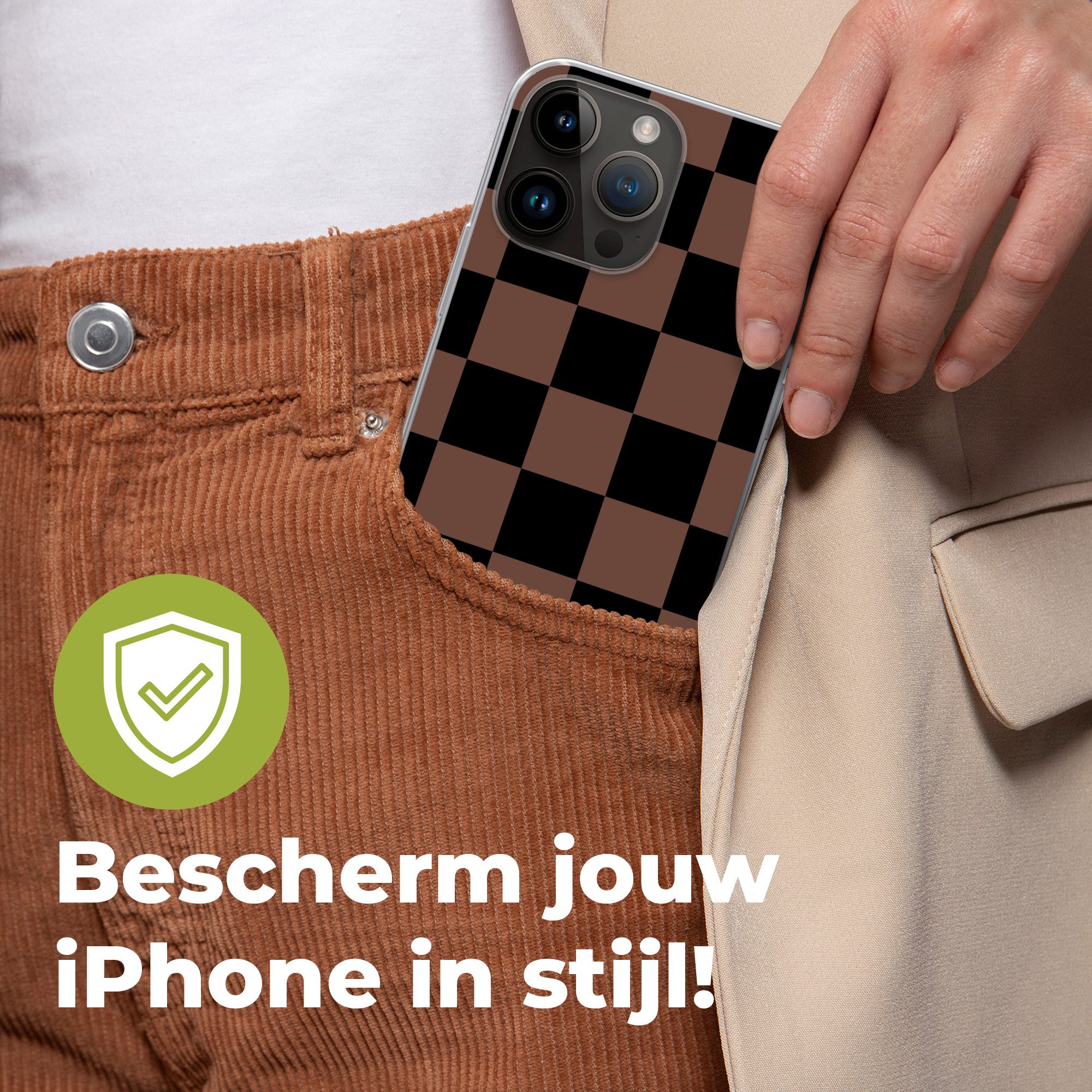 MuchoWow Handyhülle für Apple iPhone 14 Pro Max Schachbrettmuster - Braun - Schwarz - Blöc, Smartphone-Bumper, Print, Handy Schutzhülle Dünn