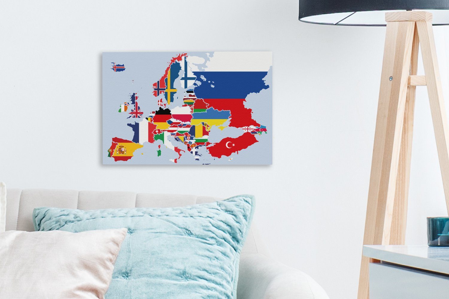 OneMillionCanvasses® Leinwandbild Karte cm (1 - Wandbild Wanddeko, St), 30x20 Europa - Aufhängefertig, Leinwandbilder, Flagge