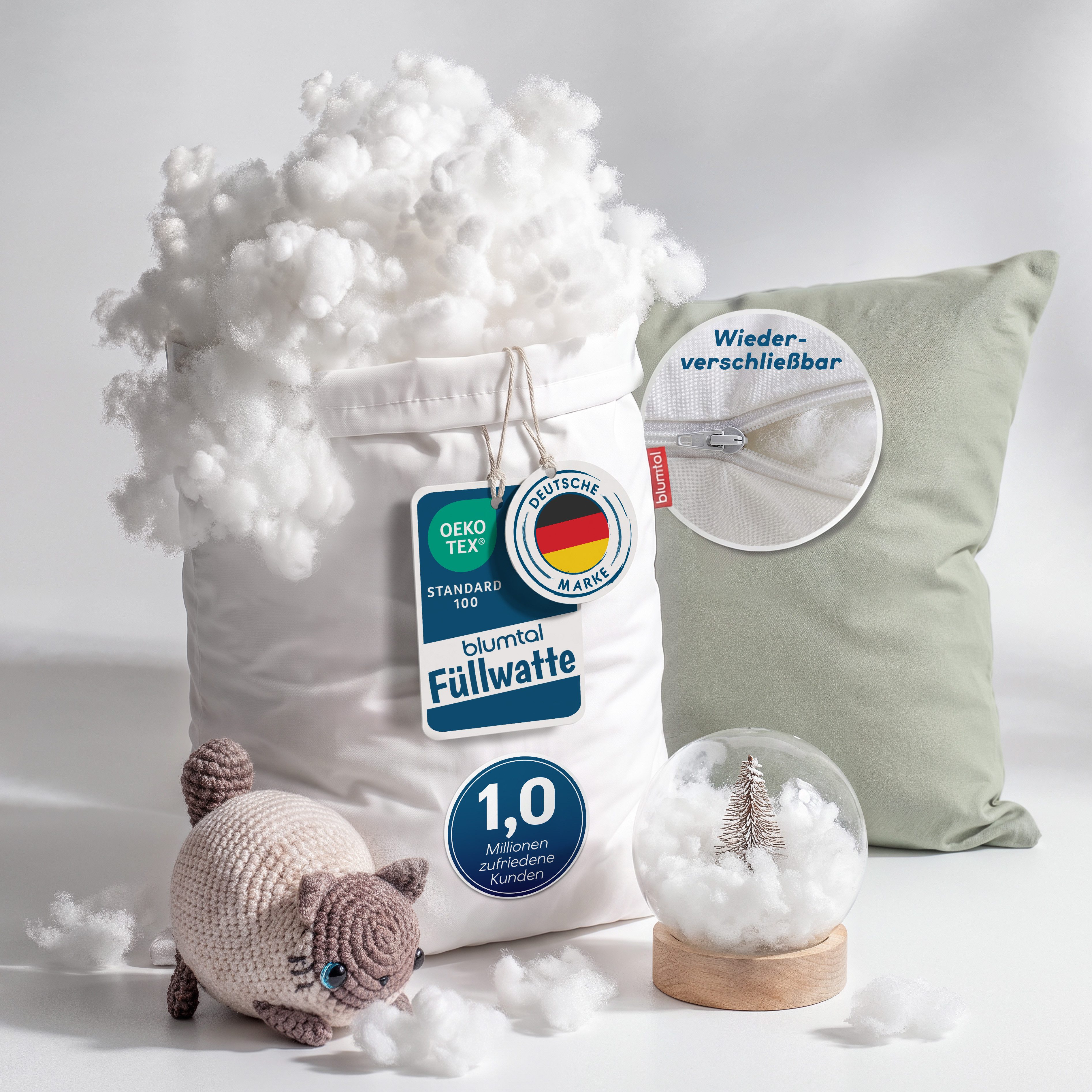 Blumtal Kissenfüllung Füllwatte im Vliesbeutel, Füllmaterial für Kissen - Bastelwatte, 500gr, 1000gr, 2000gr & 3000gr - Füllwatte waschbar bis 95 °C