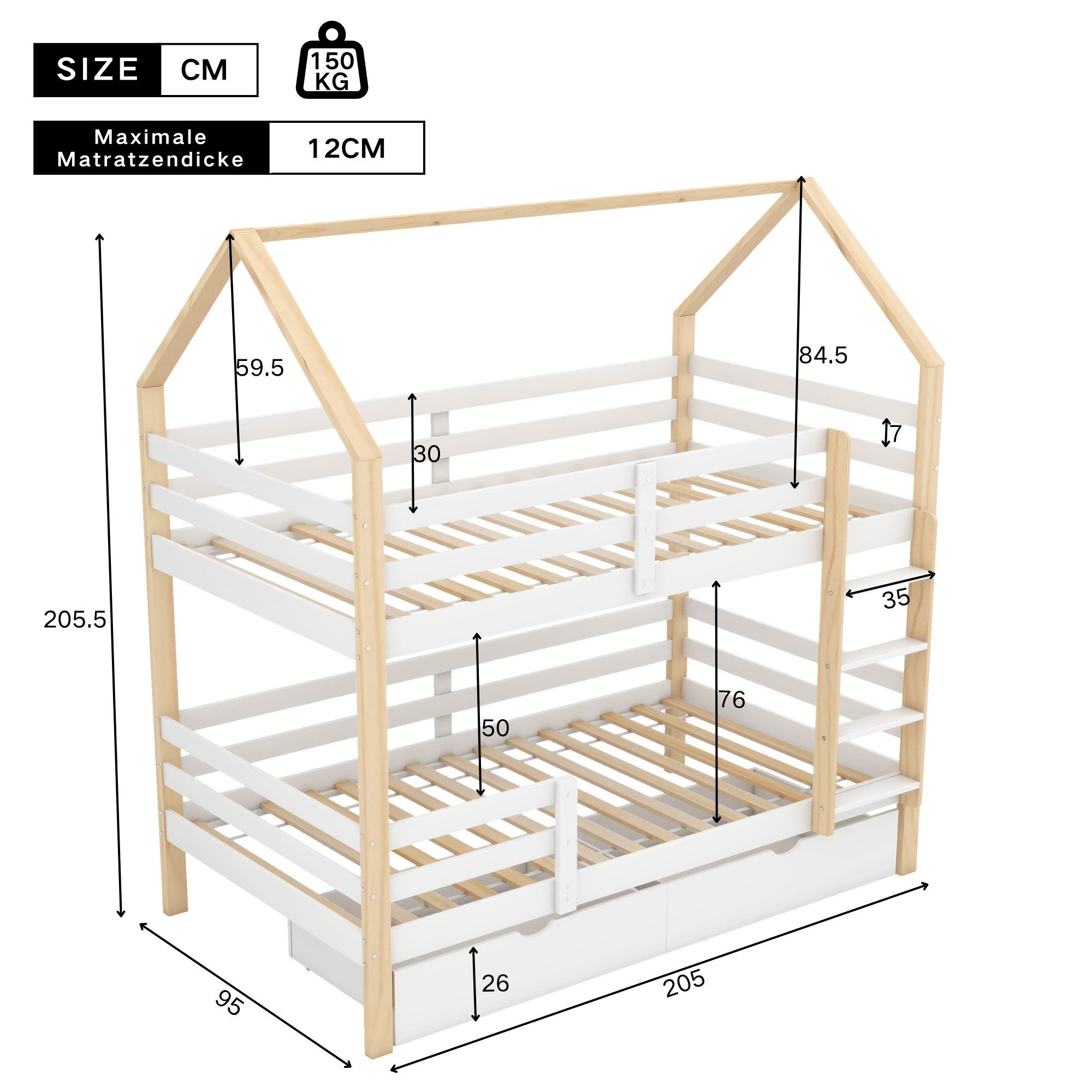Flieks Etagenbett, Hochbett Kiefer Kinderbett mit 2 großen Schubladen 90*200cm. Reduzierter Preis € 359,99. Unverbindliche Preisempfehlung € 799,99