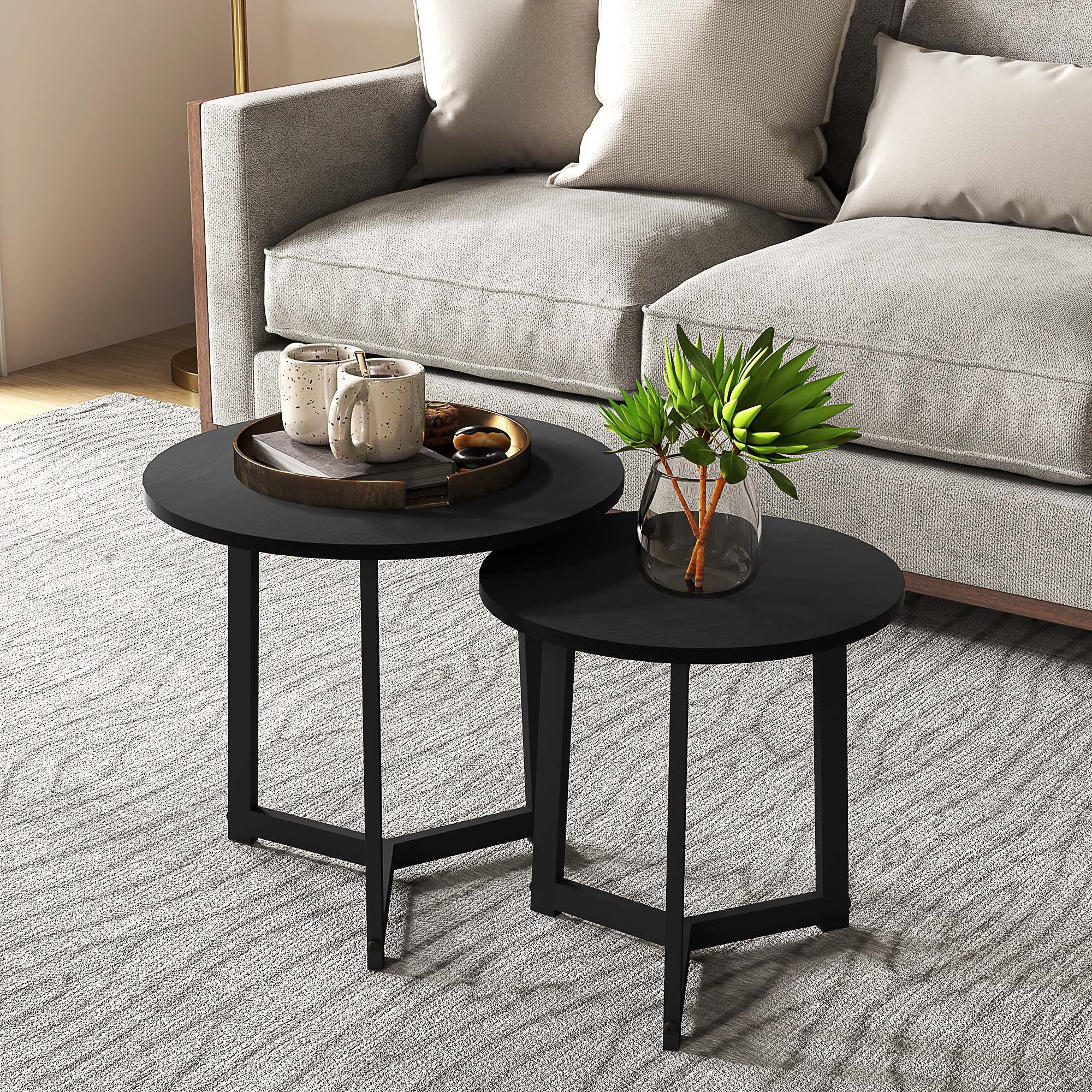 HOMCOM Couchtisch 2er-Set, Rund, mit Stahlgestell (Kaffeetisch, 2-St., Eckiger Beistelltisch), für Wohnzimmer, bis 35 kg Belastbar, Schwarz