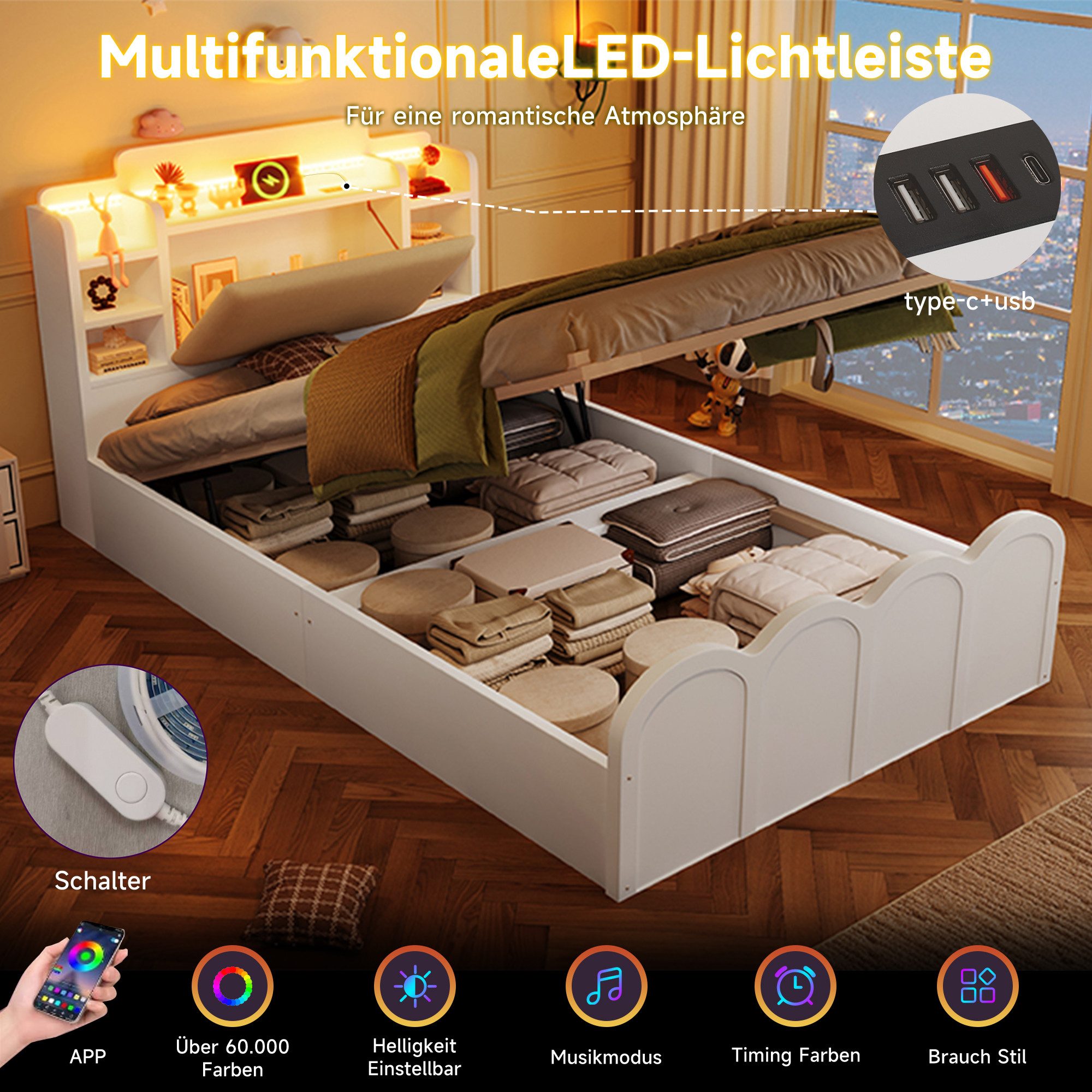 Odikalo Polsterbett 90x200 140x200 Bodenbett mit Bettkasten und LED (Paneelbett, Hydraulische, Mit USB Typ-C Ladefunktion, LED-Beleuchtung, Drucktaste/Appdienung, Ohne Matratze, Flip-Top-Aufbewahrungsfach, Multifunktionale Aufbewahrung)