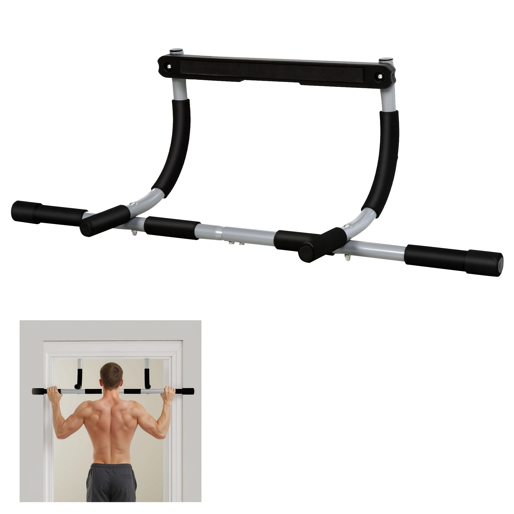 HOMCOM Klimmzugstange Türrahmen ohne Schrauben, Pull Up Bar, Tragkraft bis 110 Kg (Stahl, Schaumstoff, PE, 1-tlg., Schwarz+Grau), 92cm x 40cm x 17cm – Bild 2 von 5