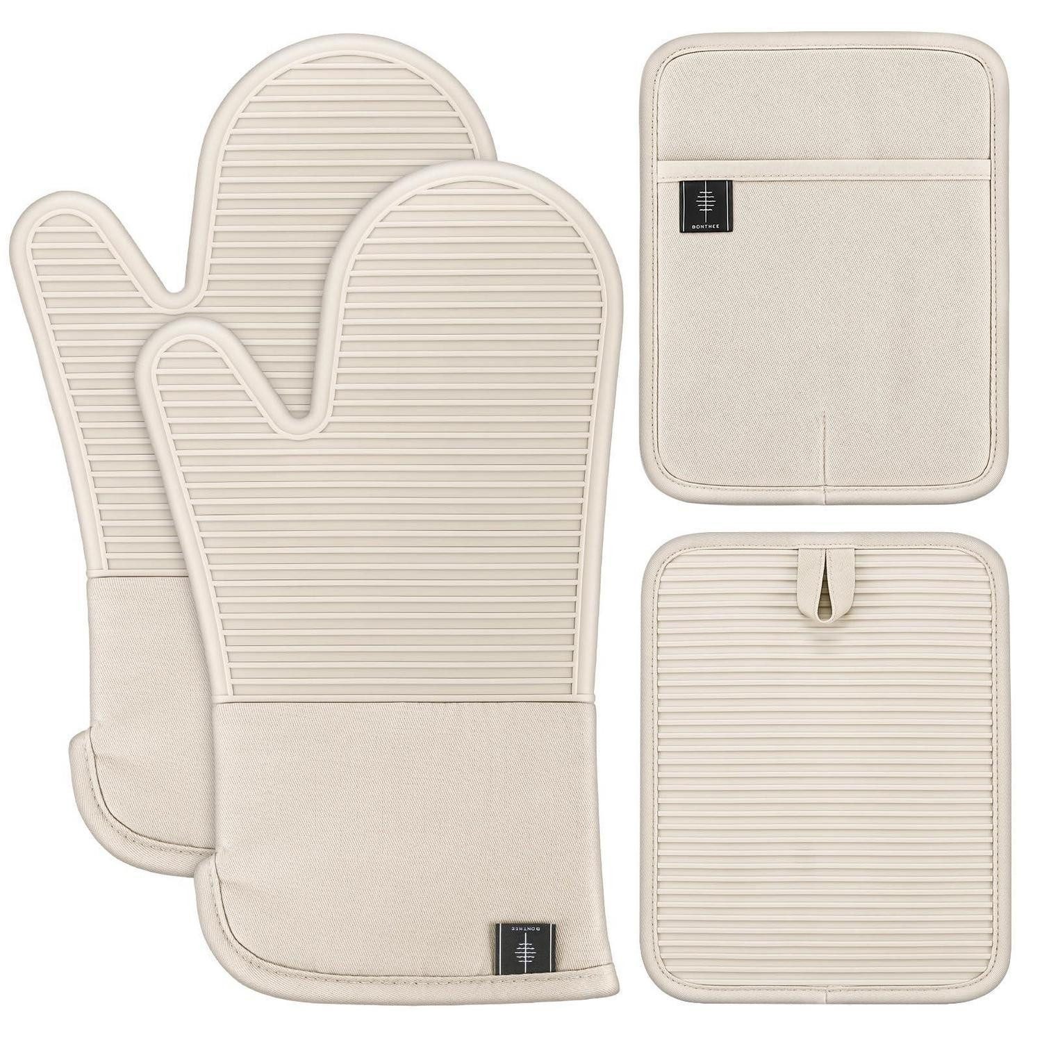 LuxusKollektion Topfhandschuhe Ofenhandschuhe Topflappen Set Silikon Cremefarben 4tlg