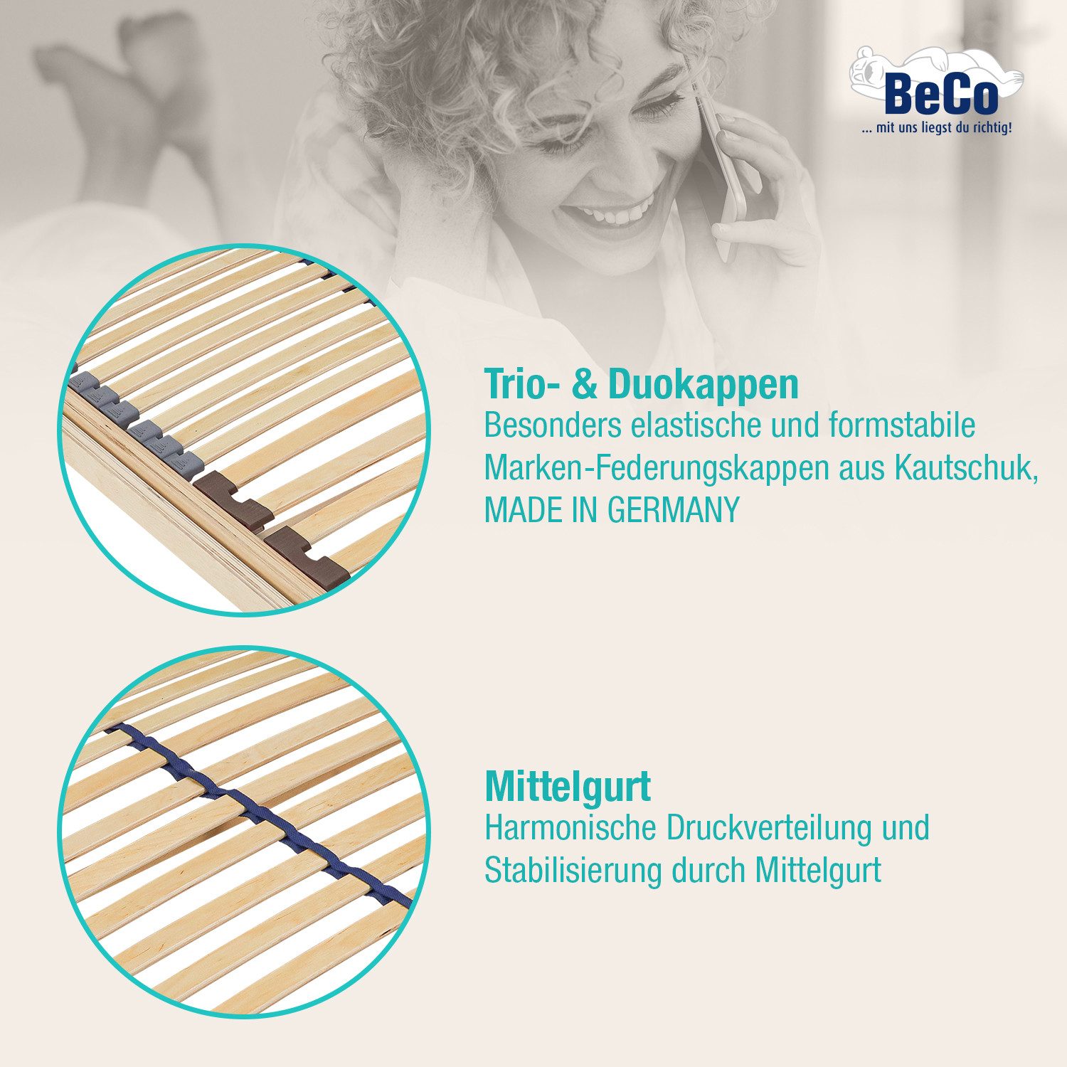 Lattenrost Blue Line KF, Beco, Kopfteil 13-fach verstellbar, Fußteil 13-fach verstellbar, Flachrahmen, 4.5 cm Außenholmhöhe, montiert, 33 Leisten, Blauer Engel