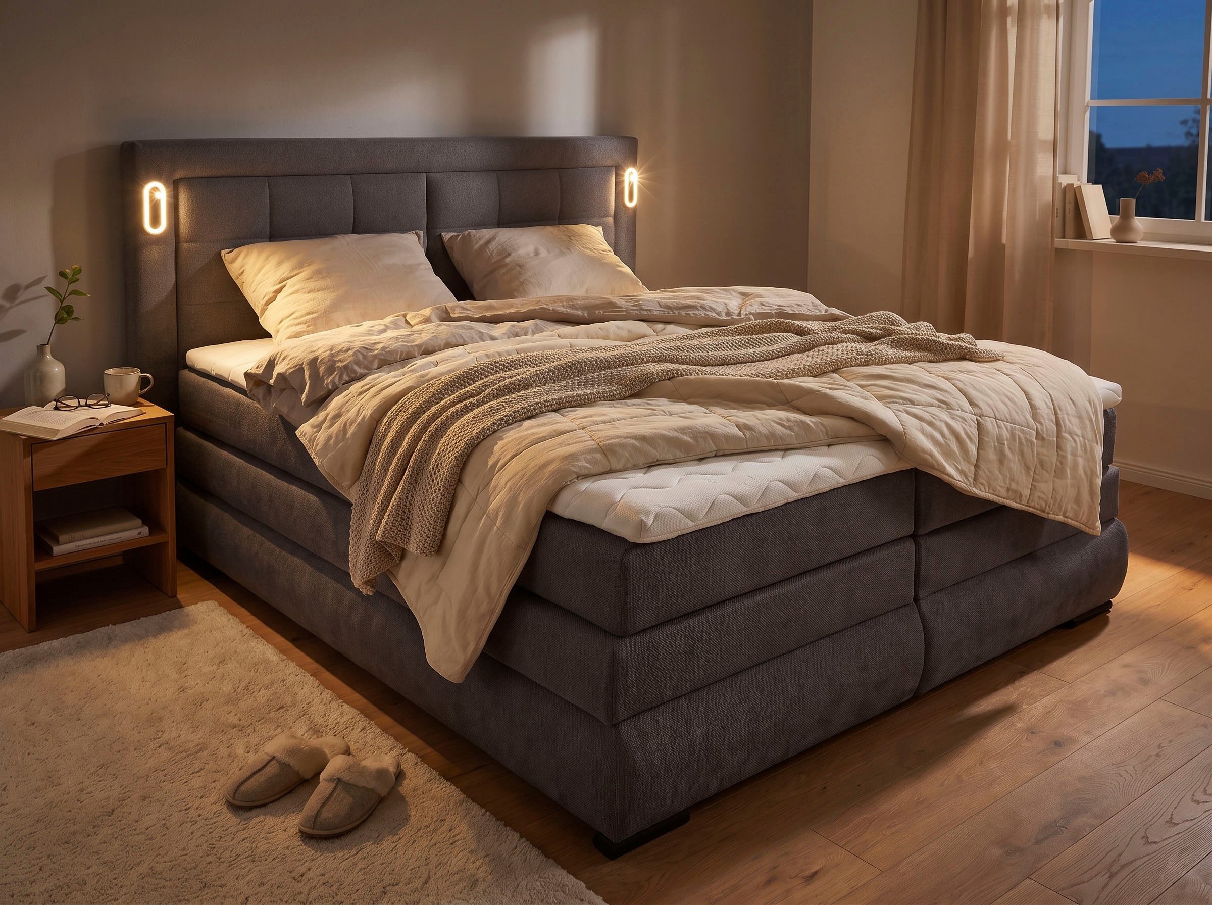 OTTO home Boxspringbett MIVVA mit Bettkasten, mit Taschenfederkernmatratze H3, H3/H4 mix, H4 (mit hochwertigem Strukturstoff, wahlweise mit LED-Leuchten), mit K – Bild 3 von 5