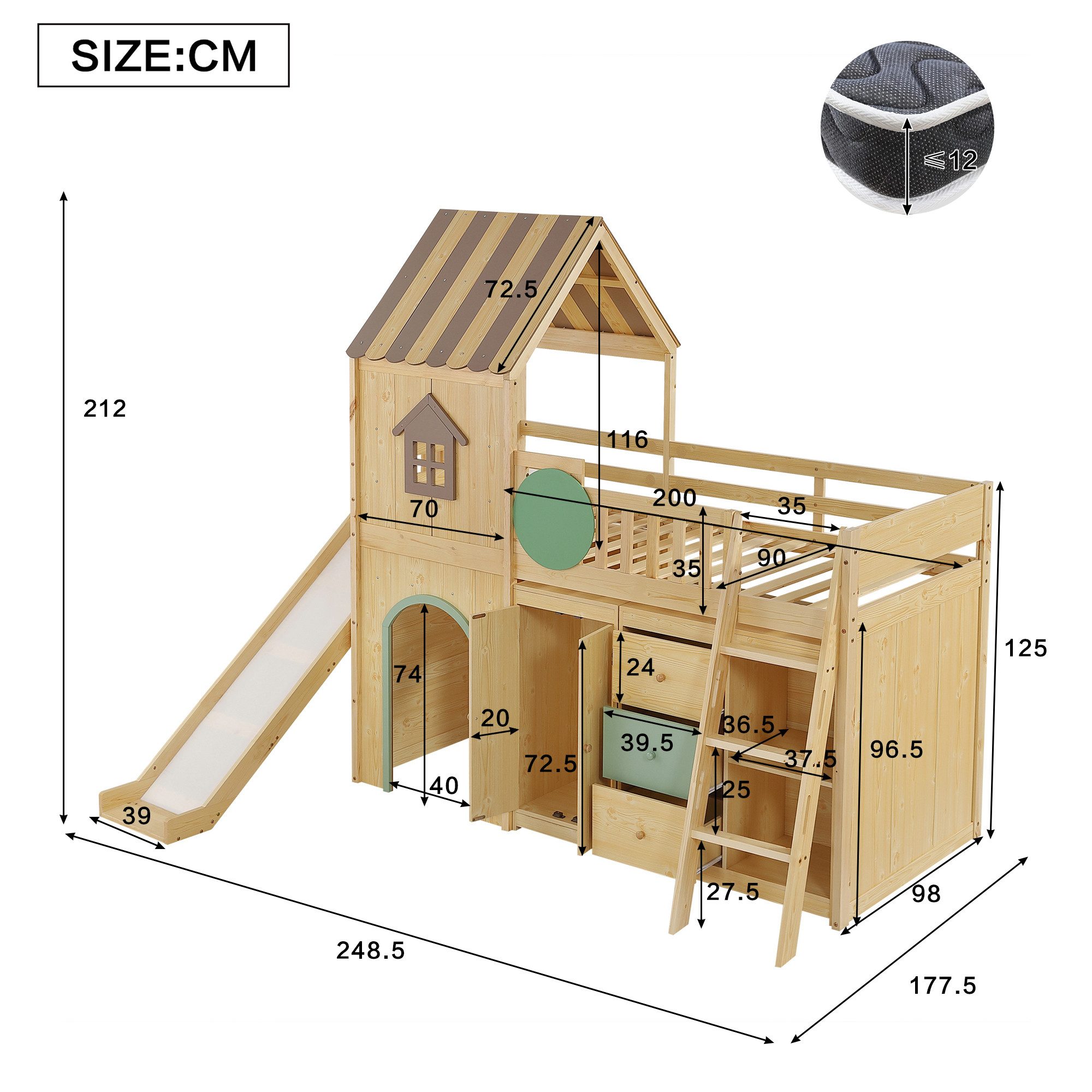 KLAM HOME Kinderbett Haus-Hochbett 90x200cm Natur-Grün mit Rutsche & Treppe (Kinder-Etagenbett aus Kiefer & MDF mit herausnehmbarem Stauraum), Spielbett mit Kleiderschrank und Schubladen für das Kinderzimmer