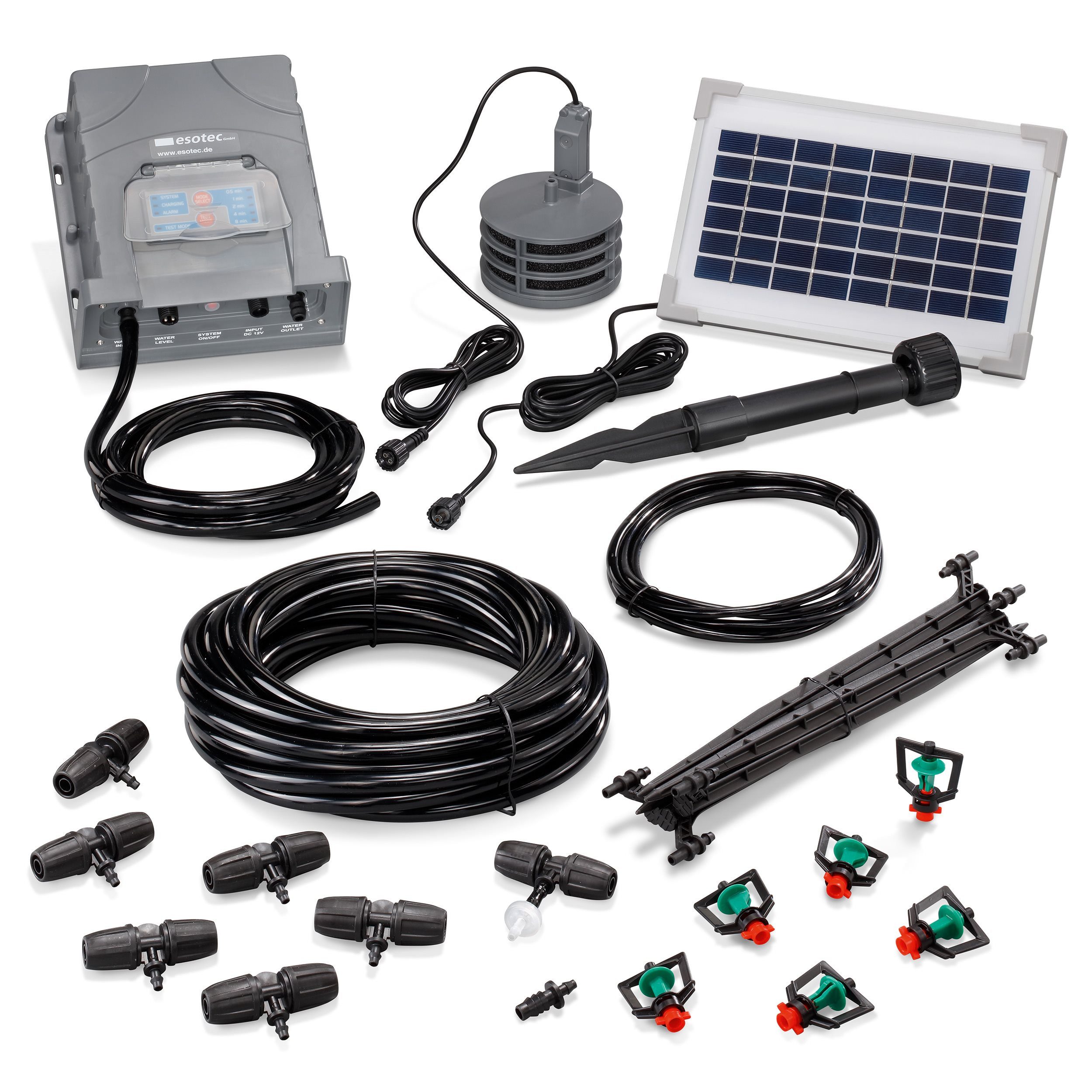 esotec Bewässerungssystem Solar Bewässerungsset WaterSprinkle Professional + 6 Sprinkler 101121, (Komplettset), Sprinkler Bewässerungssystem