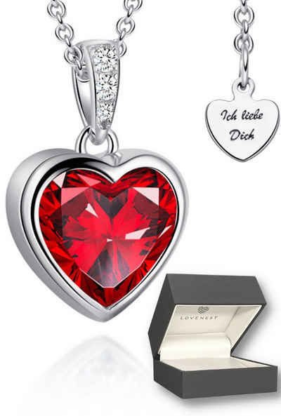 LOVENEST Herzkette Halskette Silber 925 mit rotem Stein Anhänger Silberkette Herz
