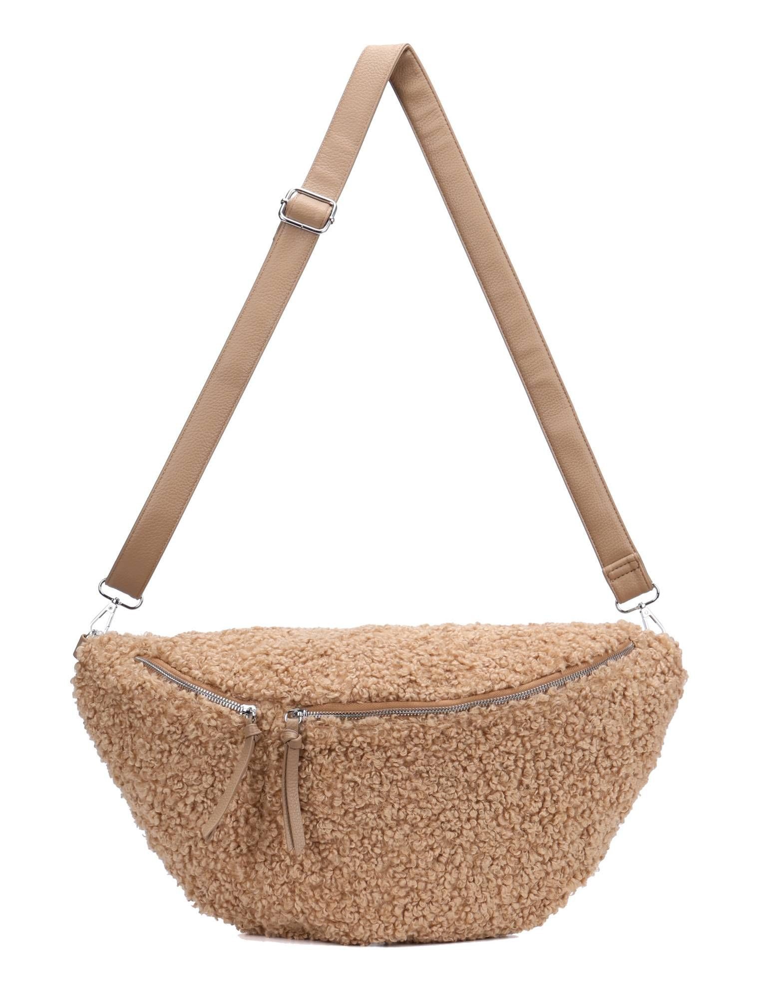 ITALYSHOP24 Schultertasche Damen XXL Teddyfell Tasche CrossBody Bauchtasche PELZTASCHE Felltasche, Body Bag Teddytasche CrossOver Umhängetasche Hüfttasche Plüsch Fell