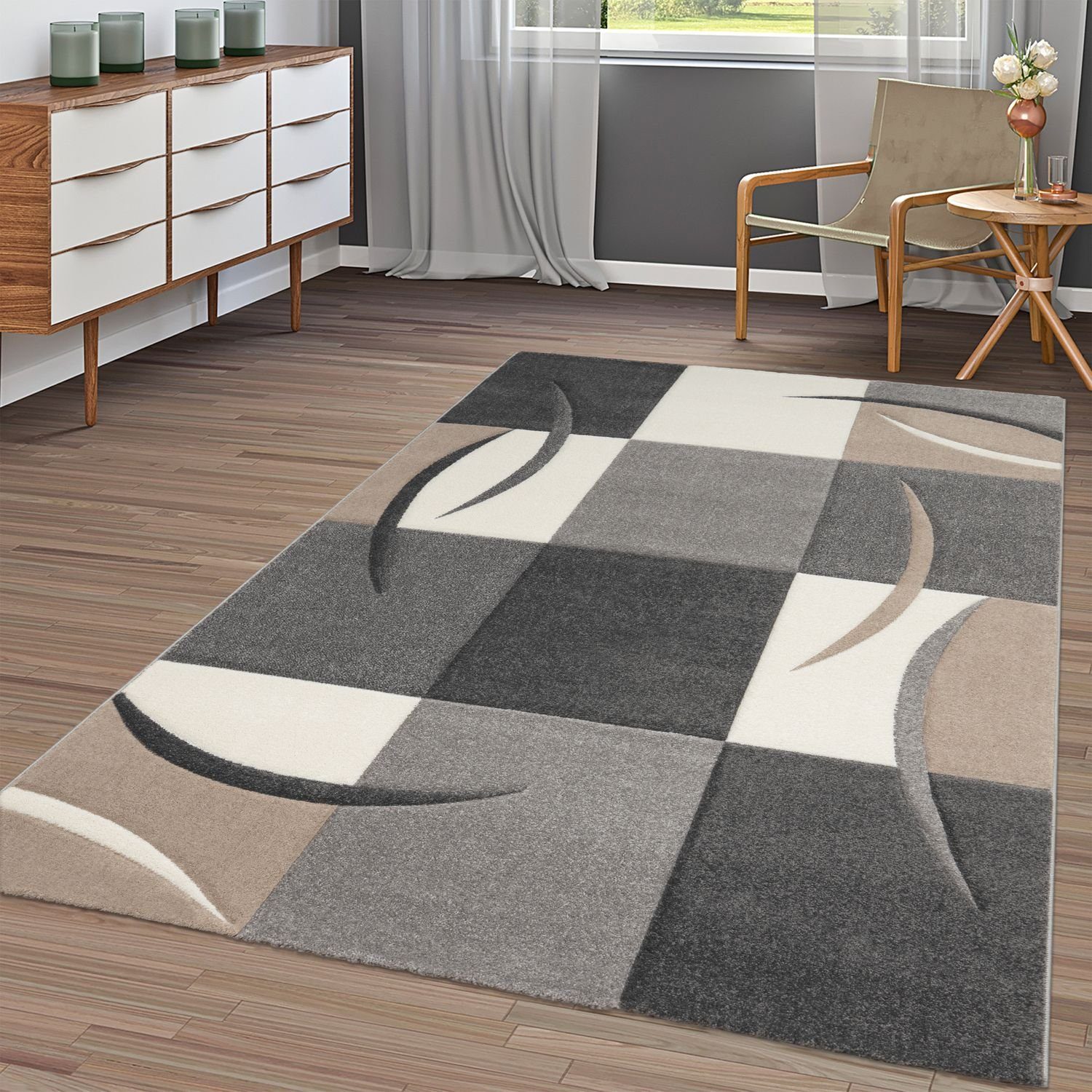 Teppich Moderner Kurzflor Teppich Wohnzimmer Kariert Trendy, TT Home,  rechteckig, Höhe: 16 mm