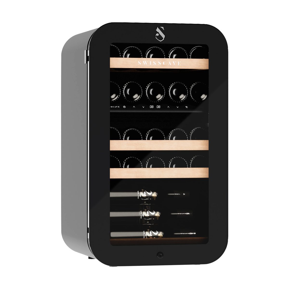 Swisscave Weinkühlschrank WLB-120DF-BLACK. 2-Zonen Weinkühlschrank, 83cm (H), 26 Flaschen, für 28 Standardflaschen á 0,75l,Umschaltbare Rundumausleuchtung (Weiß, Blau, Amber)
