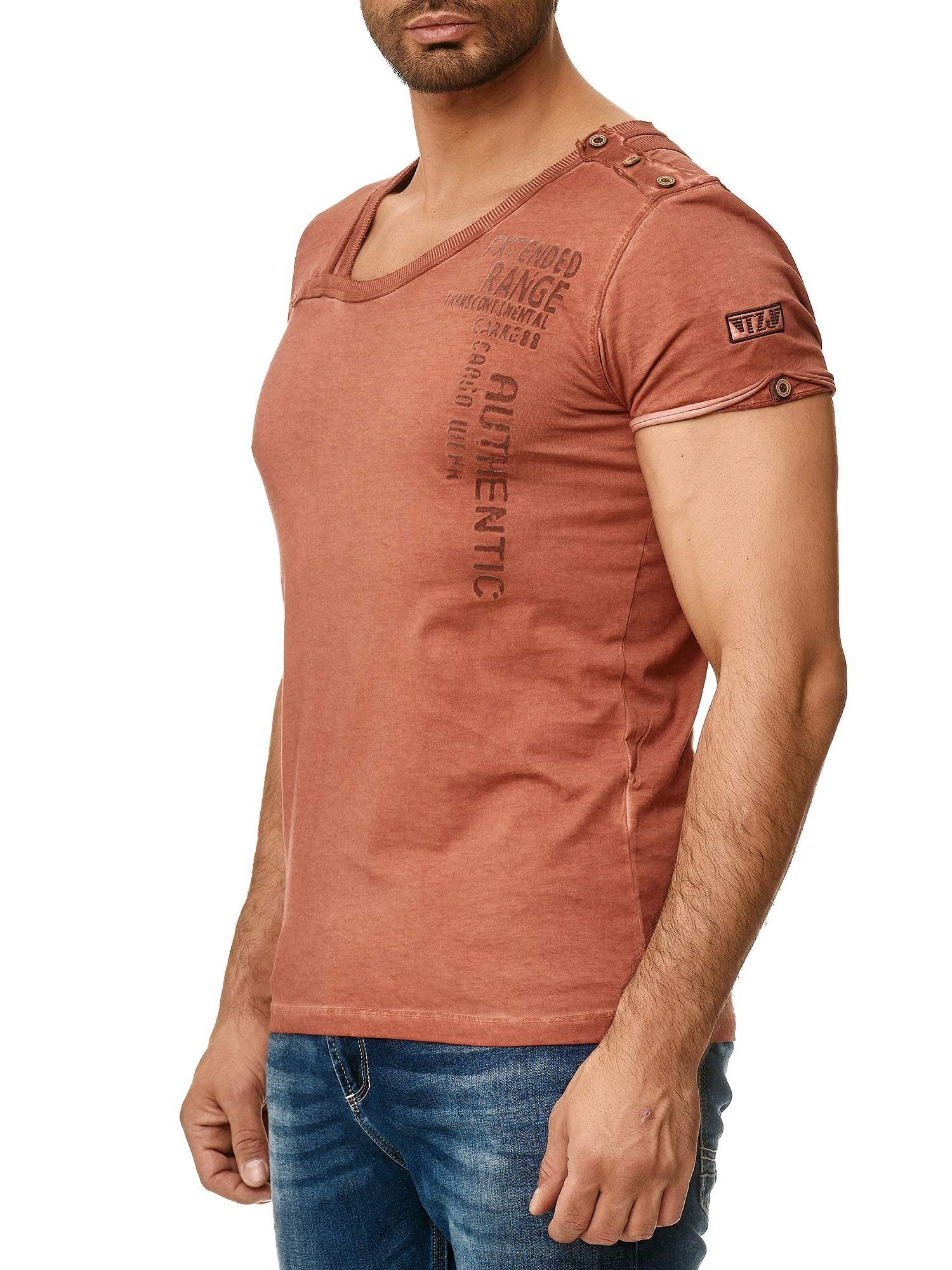 Knopfleiste T-Shirt in trendiger mit bordeaux Schulter Kragen der an 4022 Ölwaschung Tazzio stylischem und