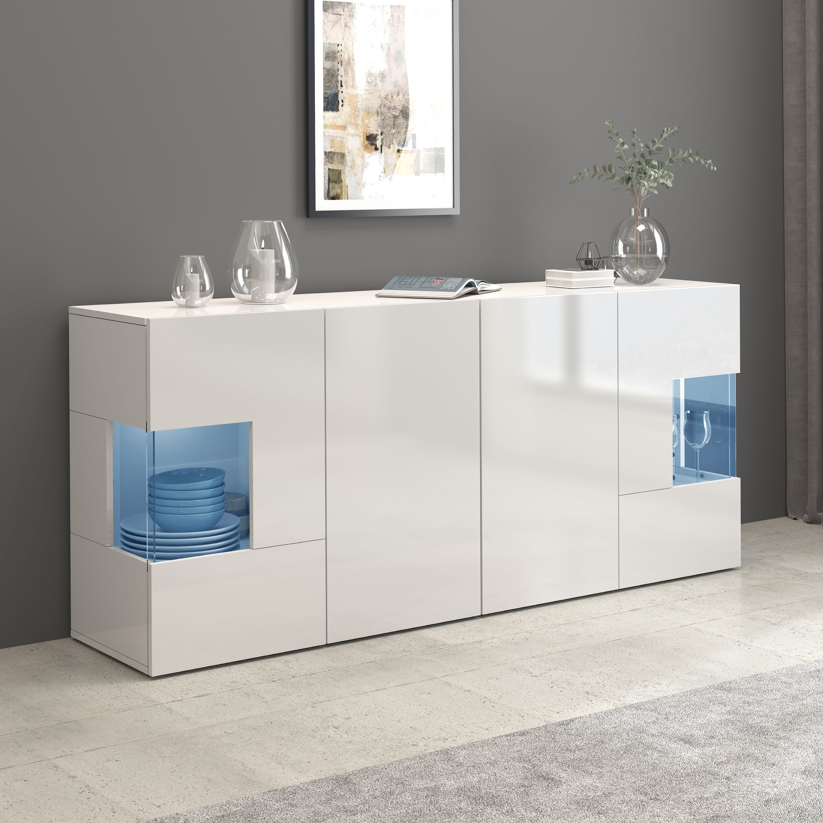 OTTO home Sideboard Egypt, Kommode, Schrank, Kredenz, Vitrine grifflos, 4 Türen davon 2 mit Glaseinsatz, kompl. Hochglanz lackiert, Breite 180