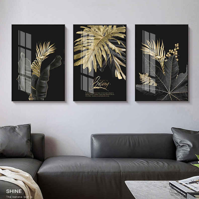 Housruse Kunstdruck »3-teiliges Wanddekor Wohnzimmer Schlafzimmer Moderne Wandkunst Geschenkbild Gold Schwarz Blumen Pflanze Rahmenlos 40*60cm«