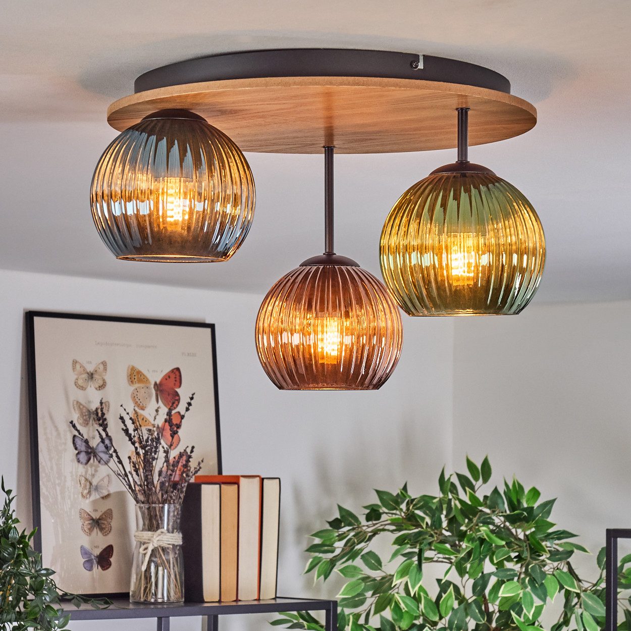 hofstein Deckenleuchte Deckenlampe aus Metall/Holz/Riffelglas, Schwarz/Natur/Blau/Grün/Kupfer, Deckenleuchte im Retro/Vintage-Design (Schirme Ø 15 cm), 3 x E27