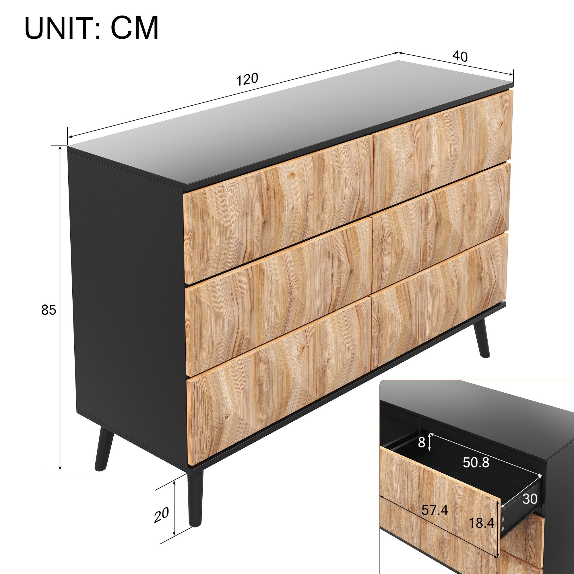 Ulife Sideboard Kommode, Schwarz-Naturholz-Optik mit erhabenen Türen (1 St) günstig online kaufen