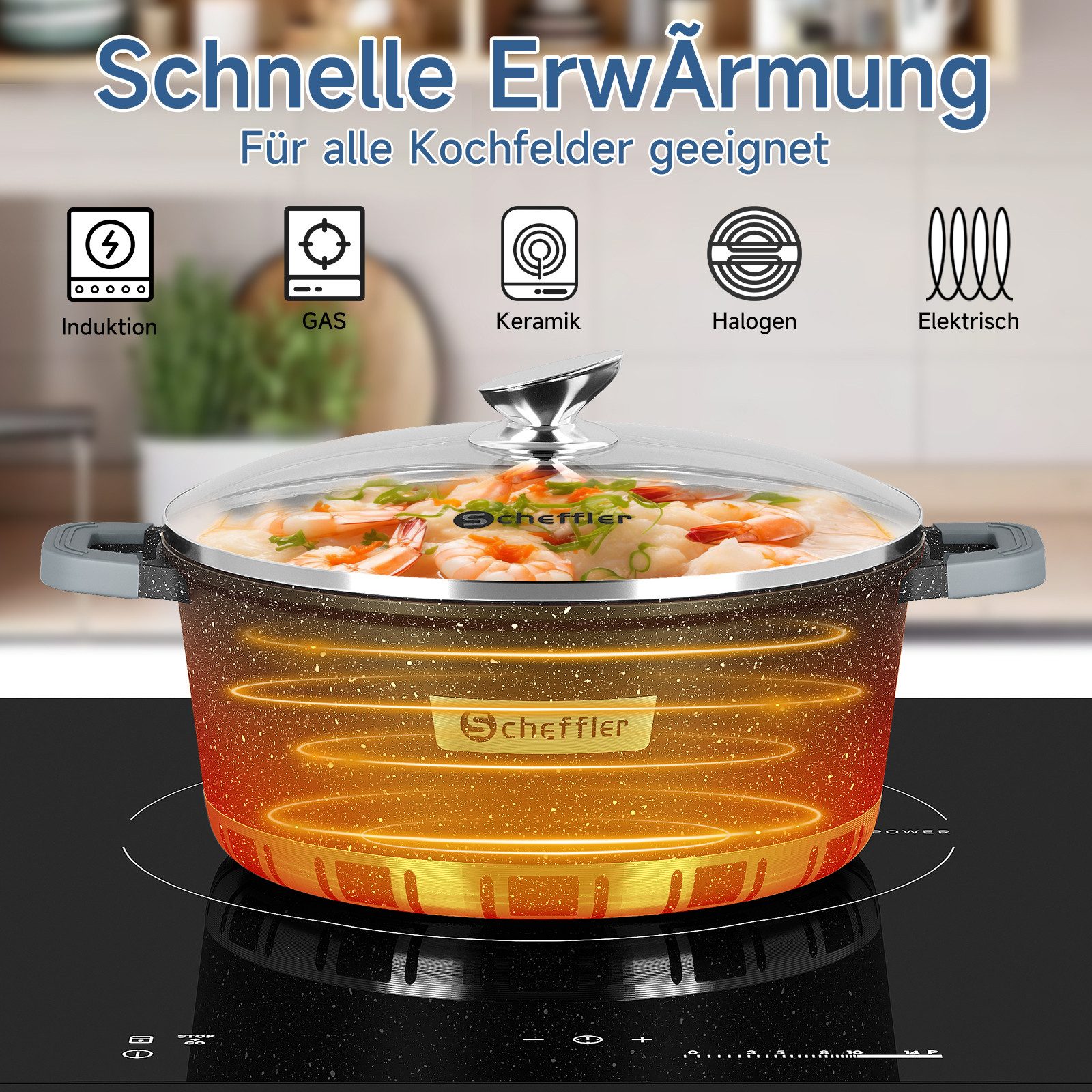 Scheffler Suppentopf 4/6/8/10/12,5/15 L Topf Induktions Antihaft Kochtopf mit Glasdeckel, Aluminium (für alle Herdarten), induktionsgeeignet
