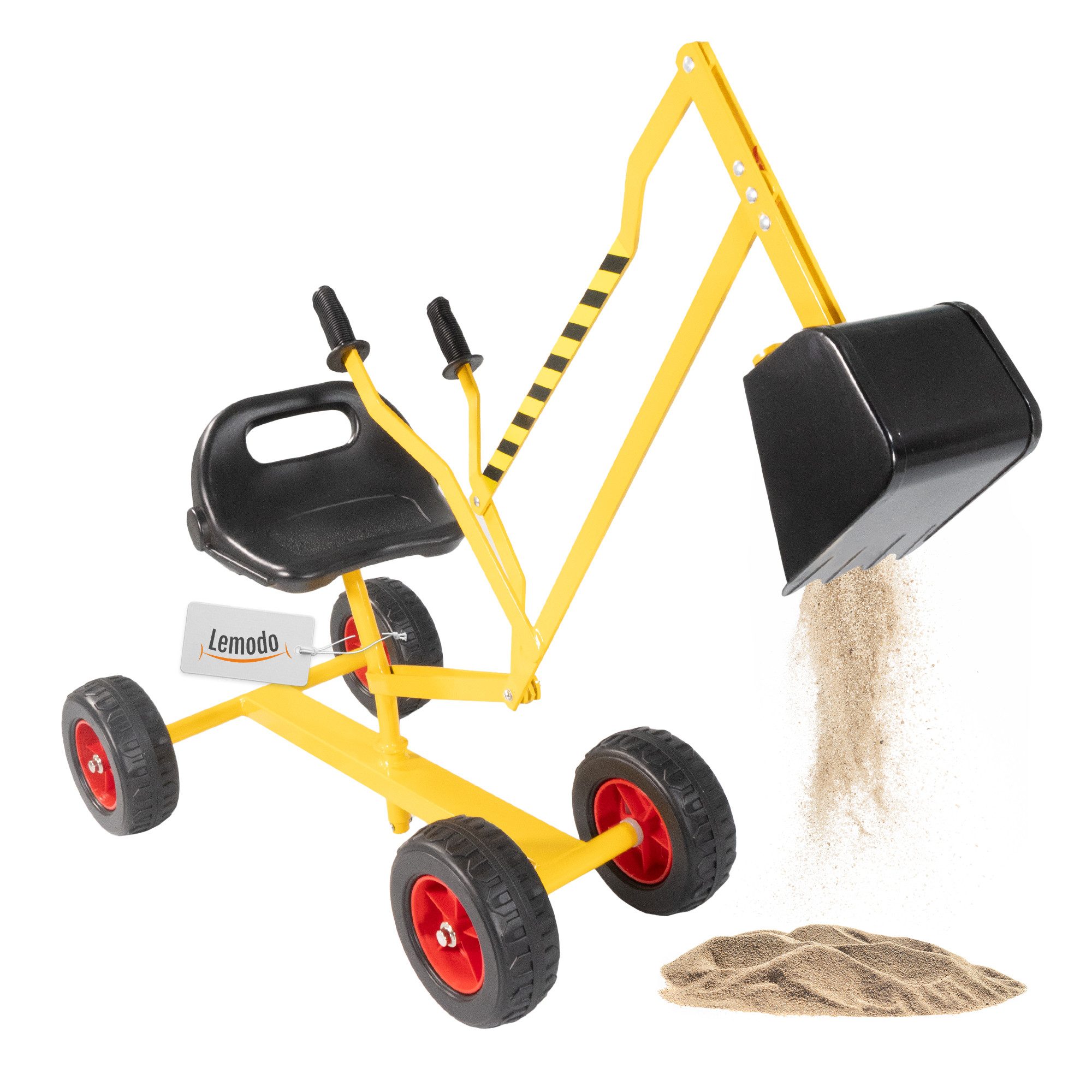 Lemodo Spielzeug-Aufsitzbagger Sitzbagger aus Metall, Sandbagger mit 360º Drehung und Räder
