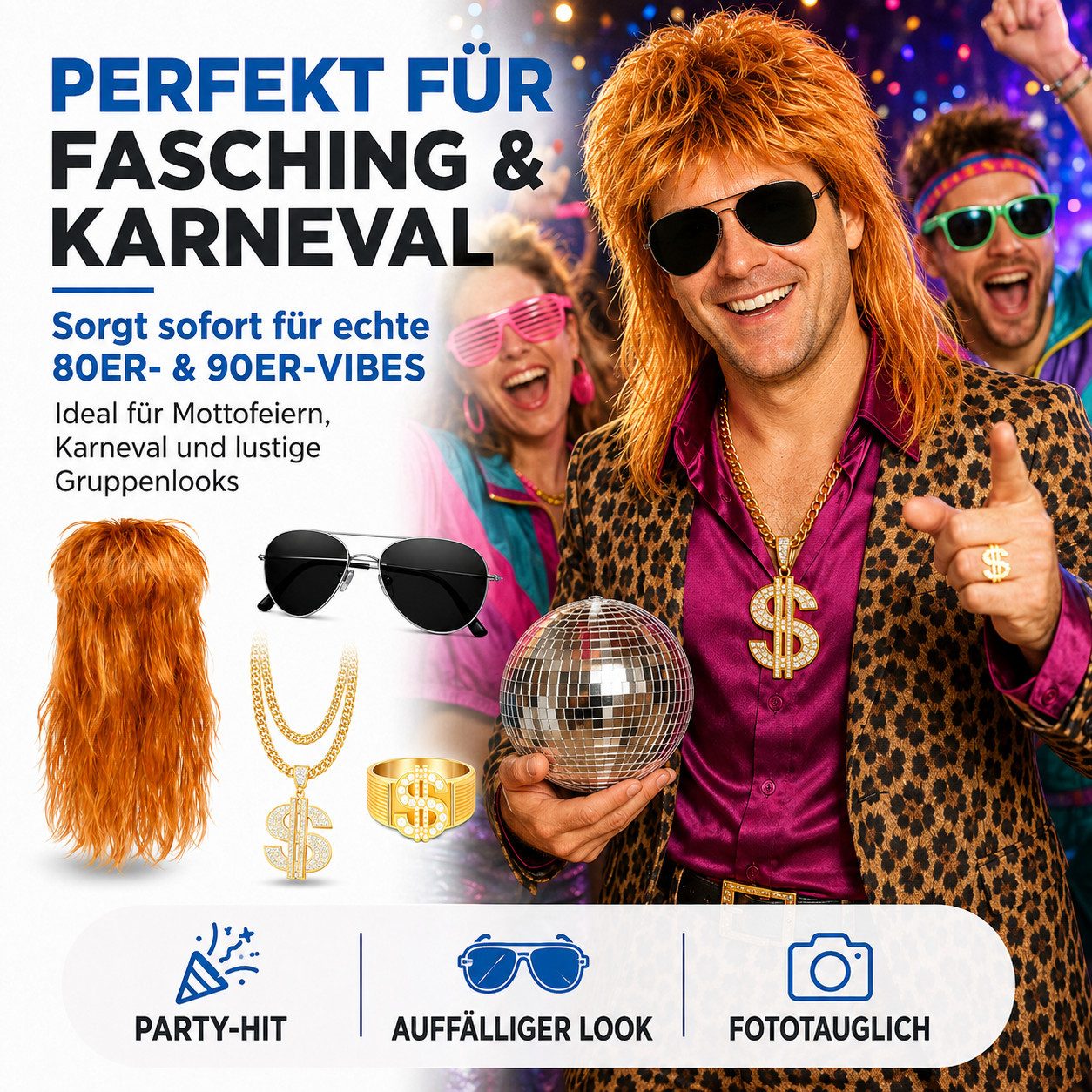 Costumed Kostüm 4-in-1 Kostüm Set für Fasching & Karneval – Vokuhila 80er & 90er