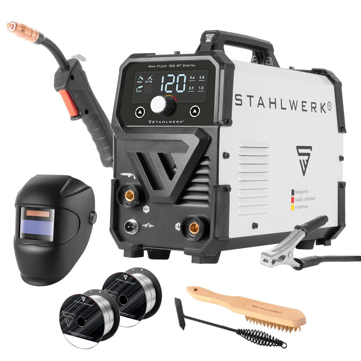 STAHLWERK Fülldrahtschweißgerät Schweißgerät Mini FLUX 120 ST Digital mit 120 A Vollausstattung, 20 - 120 A, Packung, 1-tlg., Vollausstattung, mit synergischem Drahtvorschub